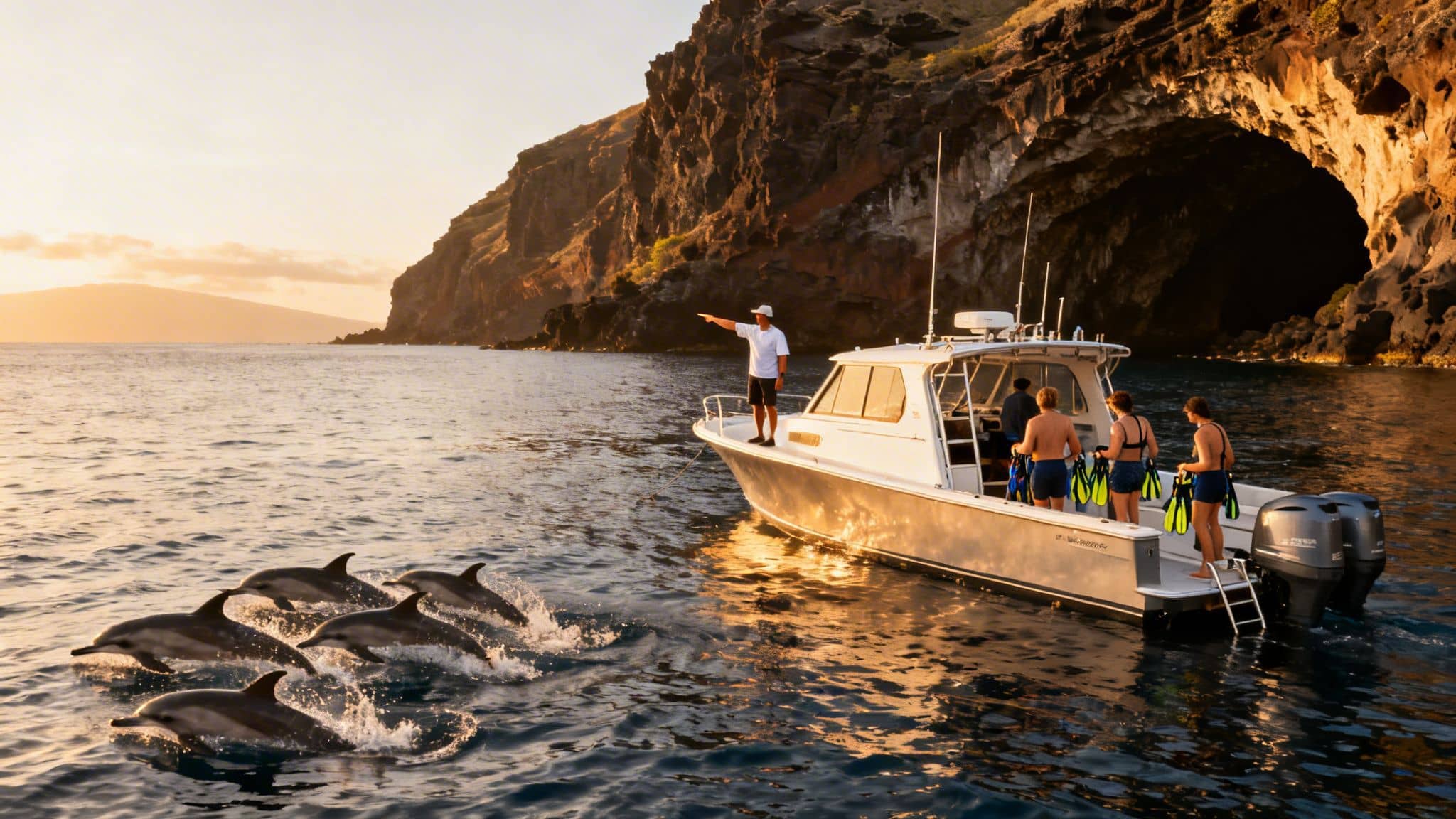 People on a boat watch dolphins swim alongside at sunset near a large sea cave.