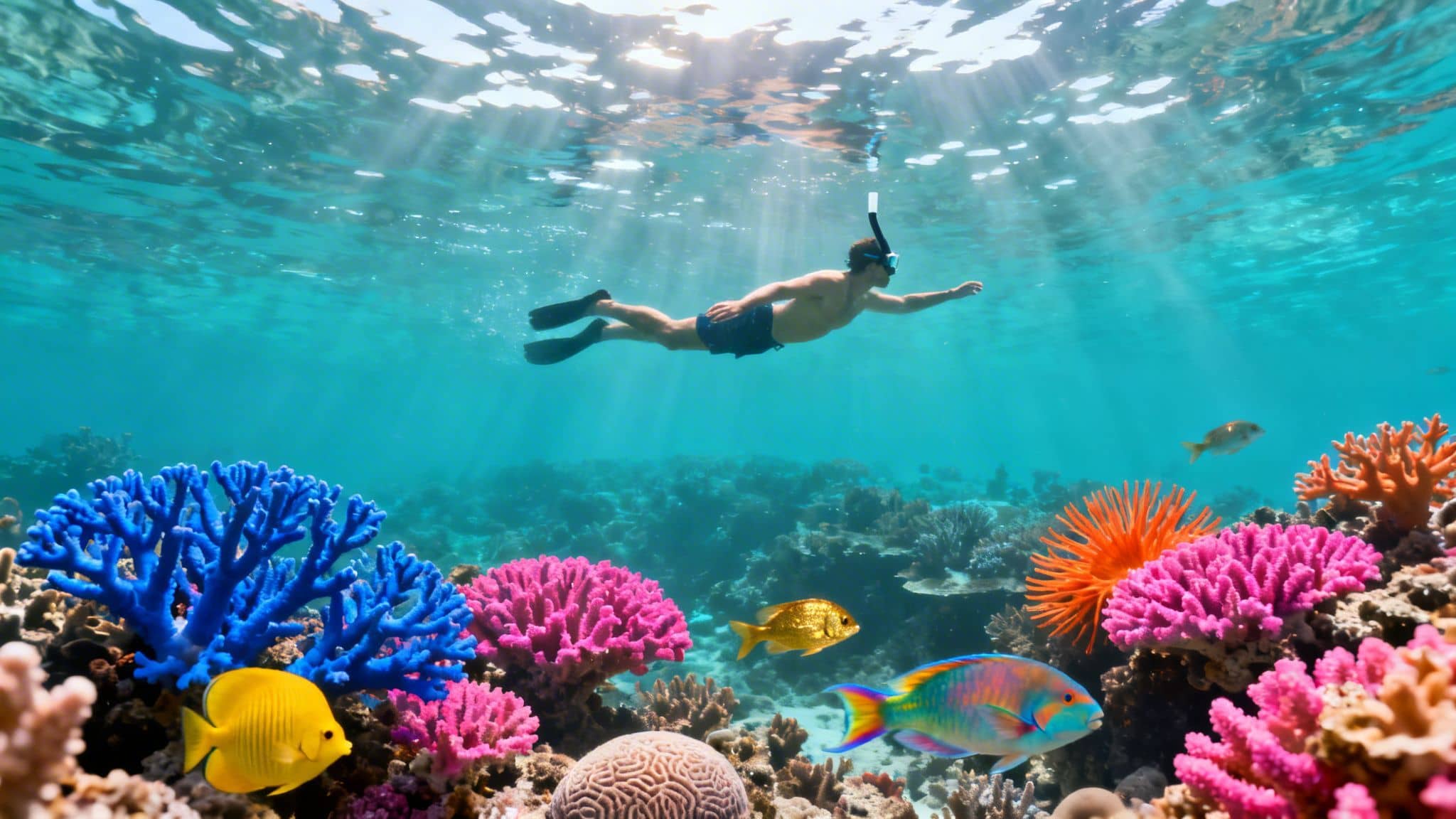 A person snorkeling above a vibrant coral reef, with colorful fish and sun rays in clear blue water.
