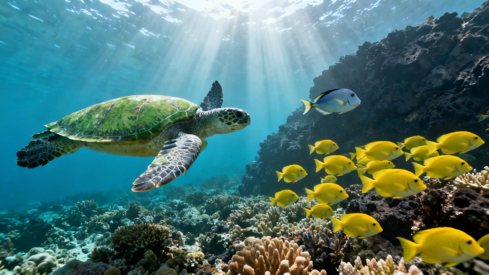 A green sea turtle swims over a vibrant coral reef, near a school of yellow fish, with sun rays.