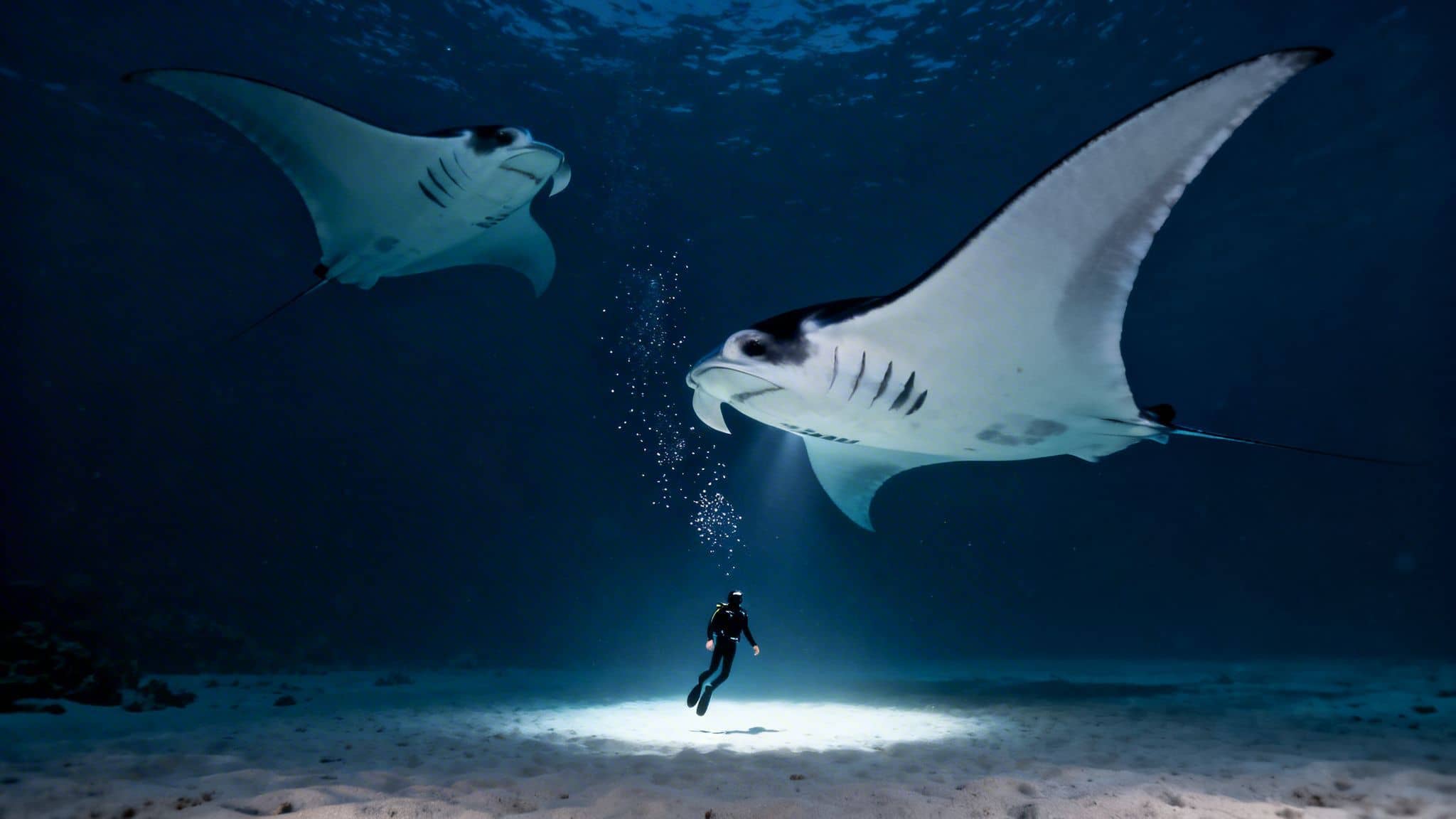 A diver illuminates the dark ocean floor while two giant manta rays gracefully swim above.