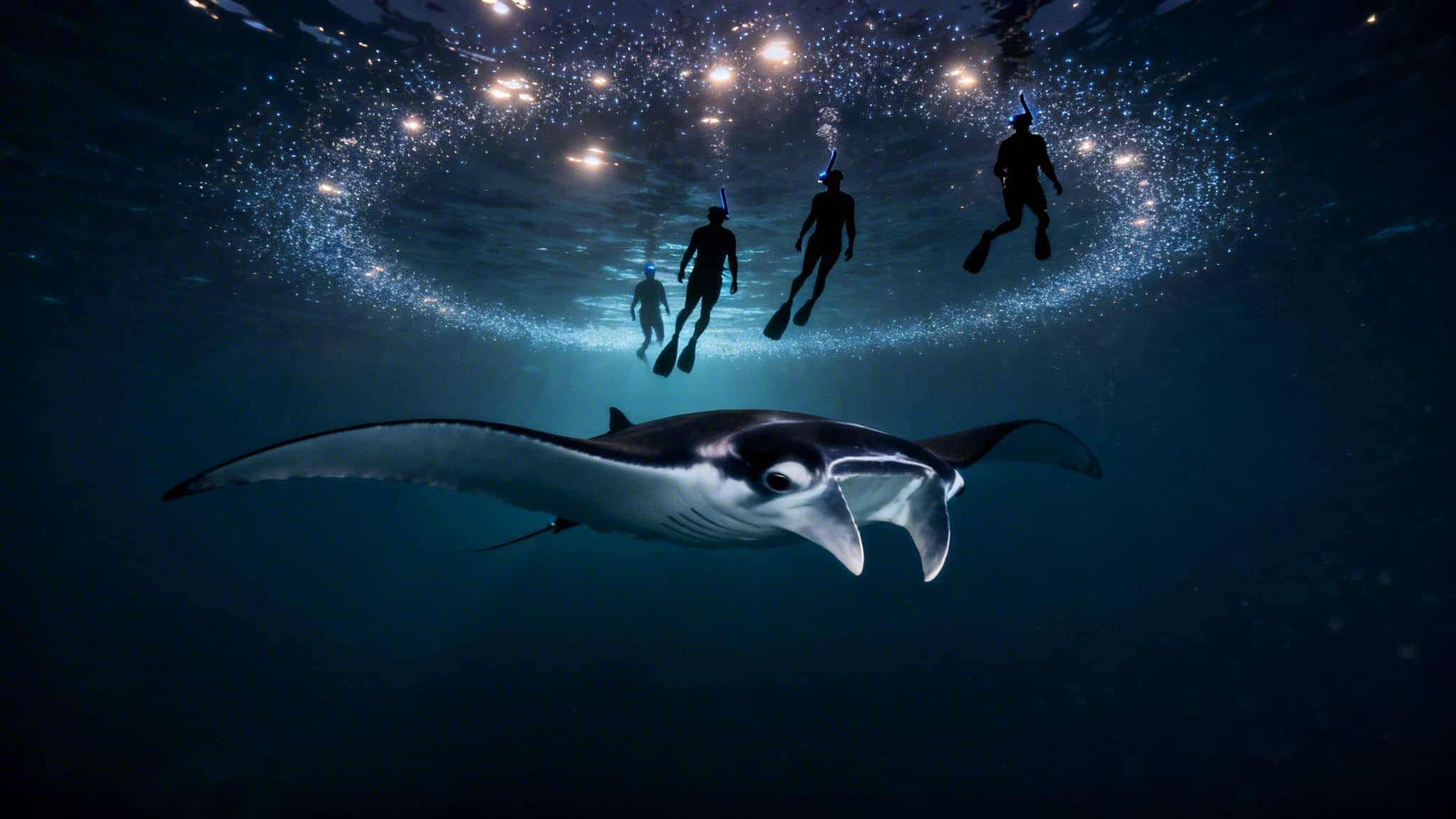 A majestic manta ray swims beneath several snorkelers illuminated by glowing plankton in dark ocean waters.