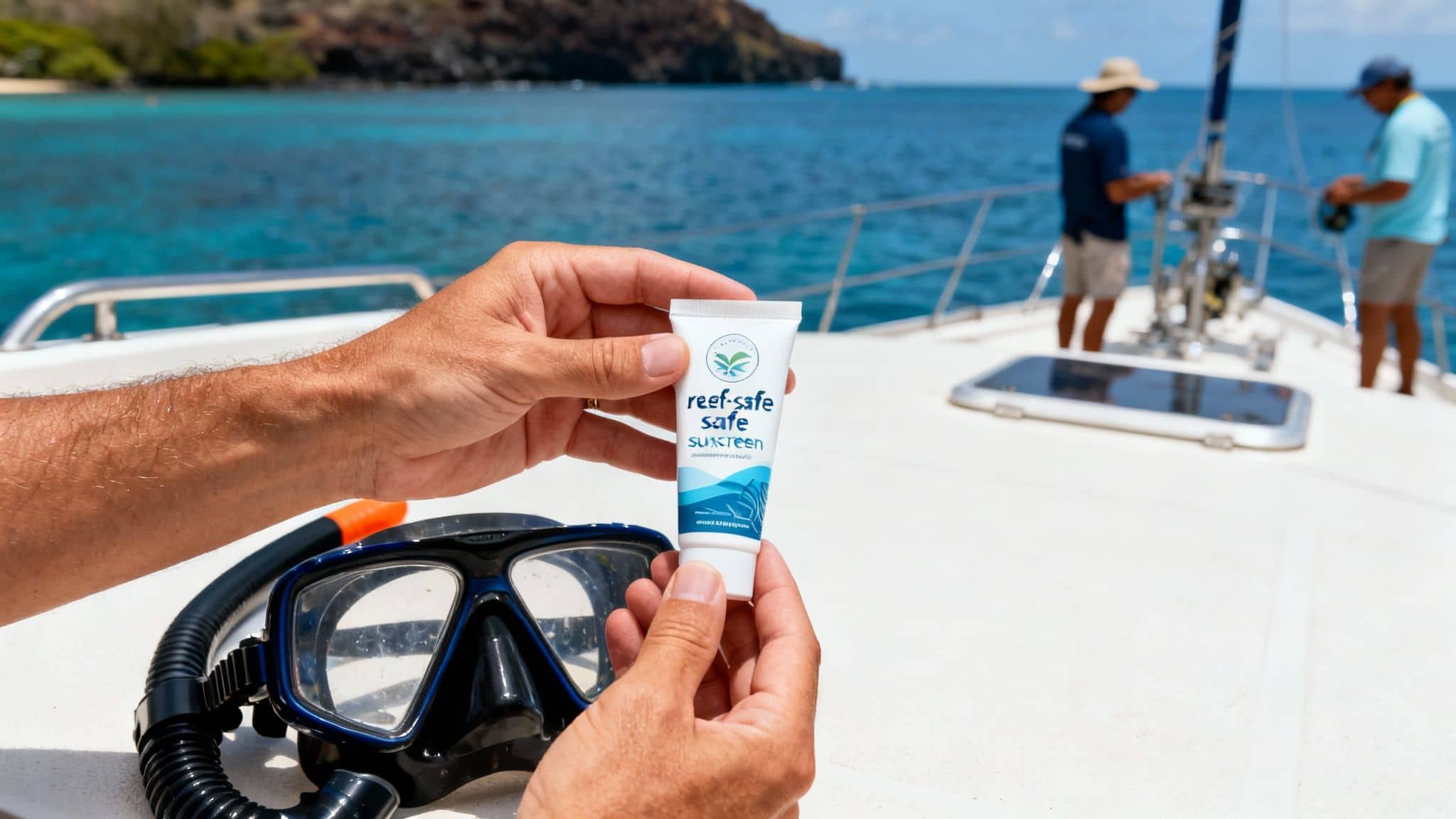 Close-up of hands holding a tube of reef-safe sunscreen and a snorkel mask on a boat deck.