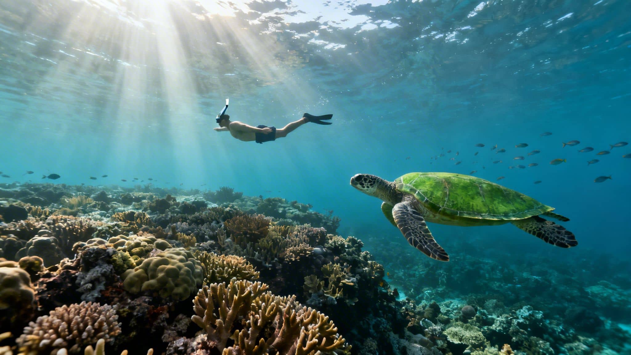 Snorkeler swims above vibrant coral reef with a sea turtle as sun rays pierce blue water.