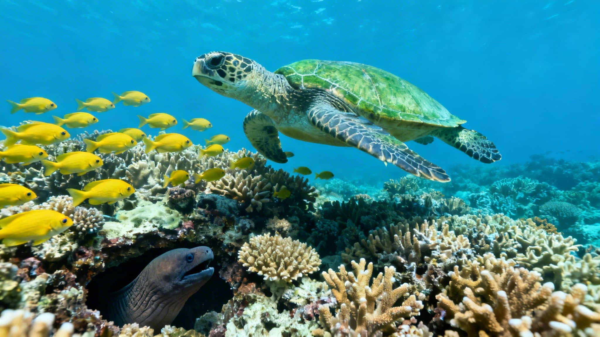 A majestic green sea turtle swims gracefully over a vibrant coral reef alongside schools of yellow fish and a moray eel peeking from a crevice.