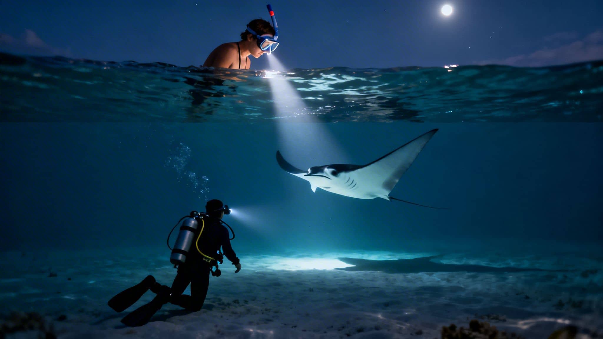 Snorkeler and diver spotlight a manta ray in the ocean at night under a full moon.