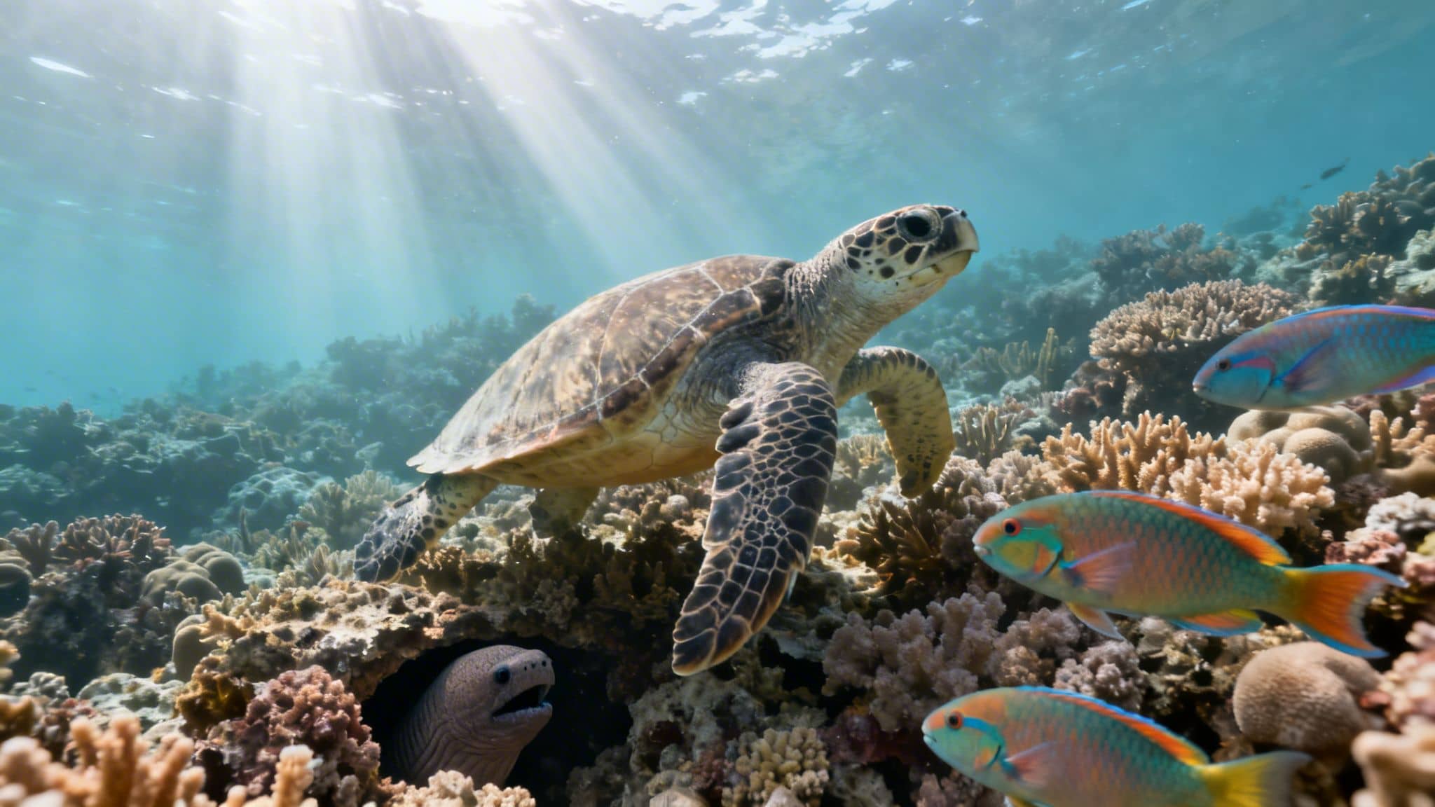 A green sea turtle gracefully glides above a lively coral reef teeming with marine life.