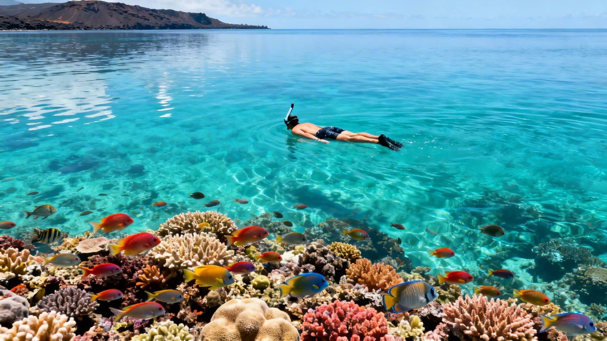 A person snorkeling in crystal clear blue ocean water over a colorful coral reef with many tropical fish.