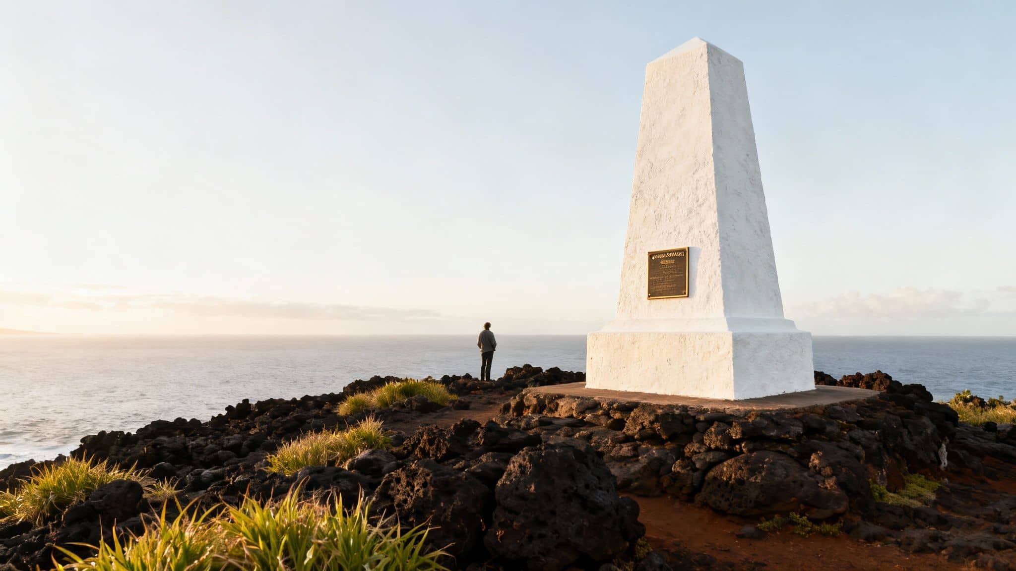 White obelisk monument standing on volcanic rocky coastline overlooking Pacific Ocean at sunset
