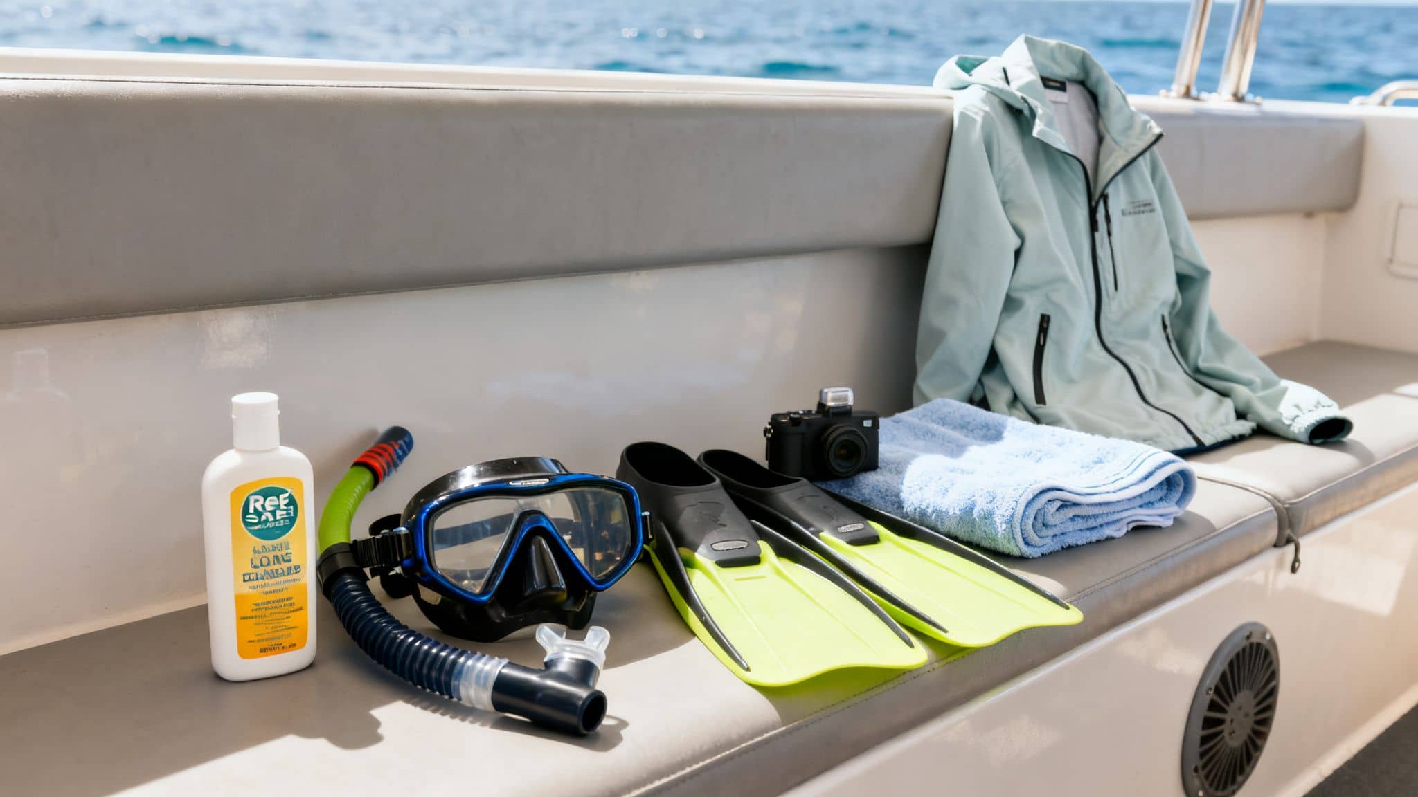 Snorkeling gear, reef-safe sunscreen, a camera, towel, and light jacket on a boat seat.