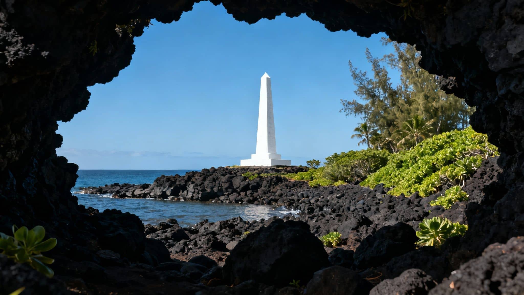An aerial view of the Captain Cook Monument obelisk on the shore of Kealakekua Bay.