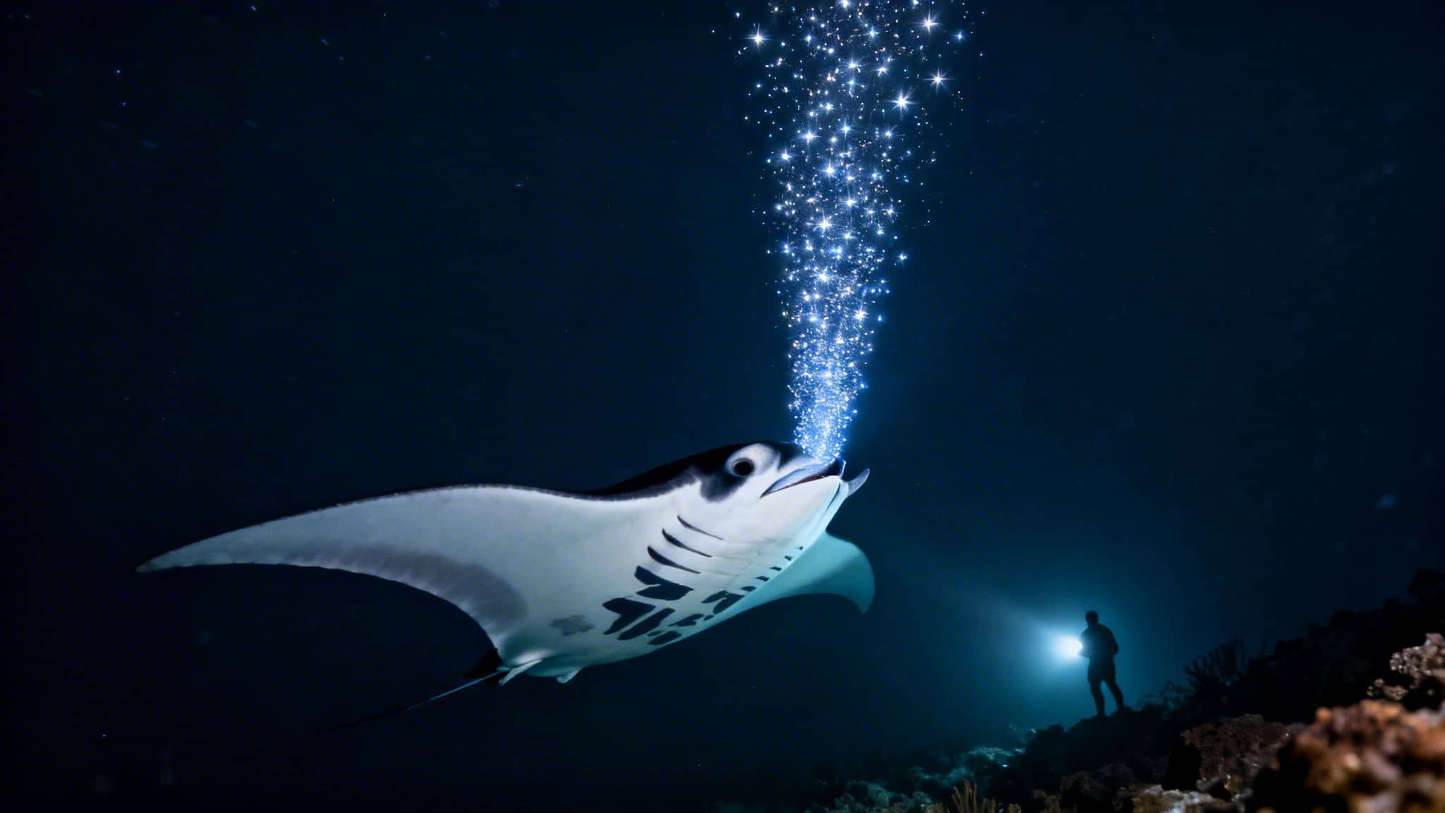 A majestic manta ray exhales glowing bubbles underwater at night, illuminated by a diver's flashlight.