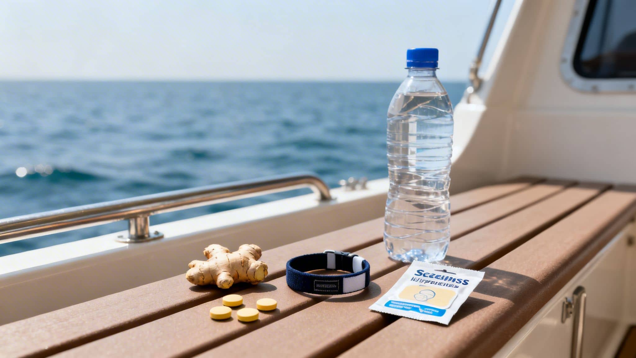 Various items to prevent sea sickness on a boat: ginger, yellow tablets, wristband, water bottle, and a relief sachet.