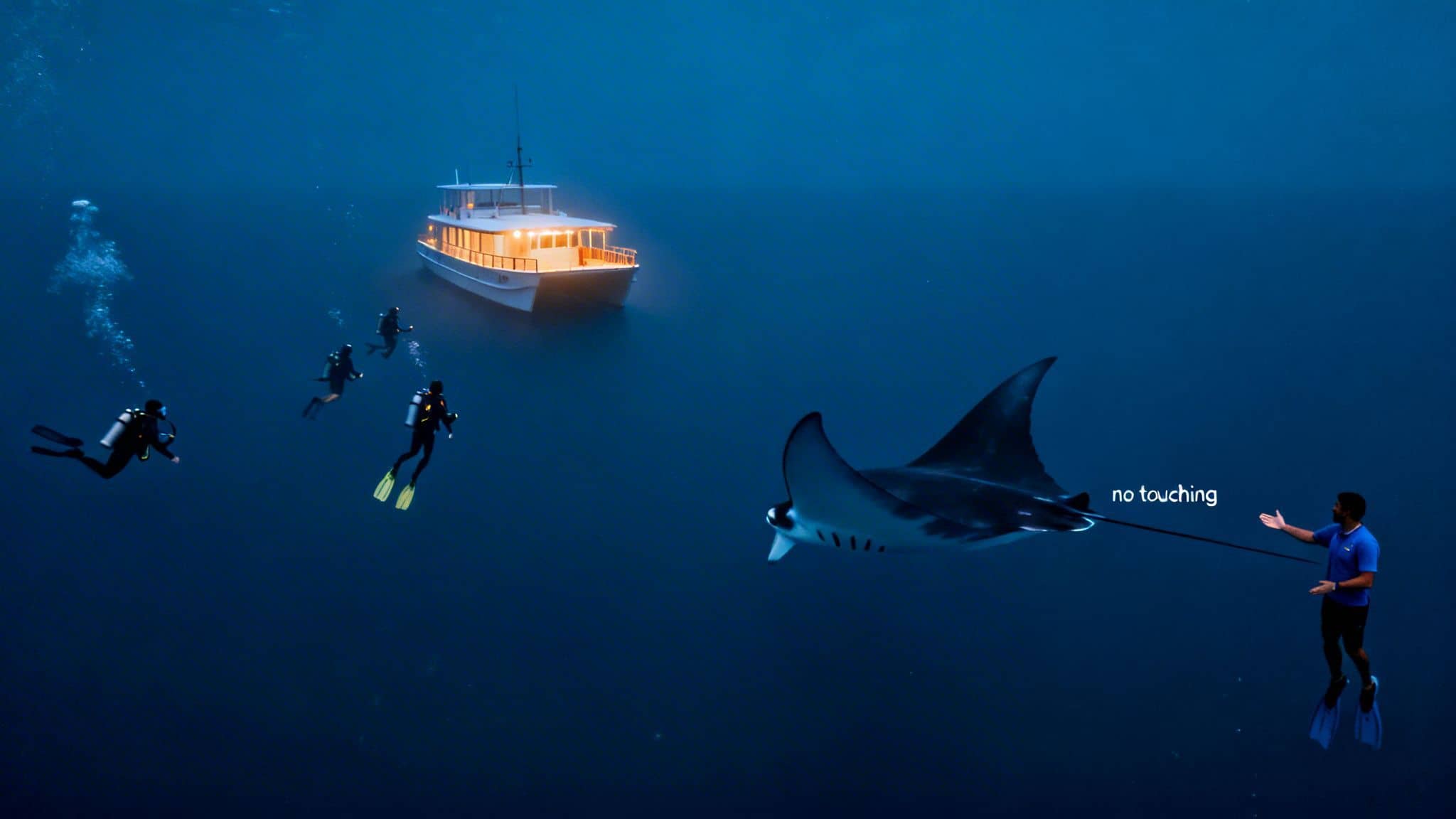 Divers observe a giant manta ray near a lit boat at night underwater, with a "no touching" sign.