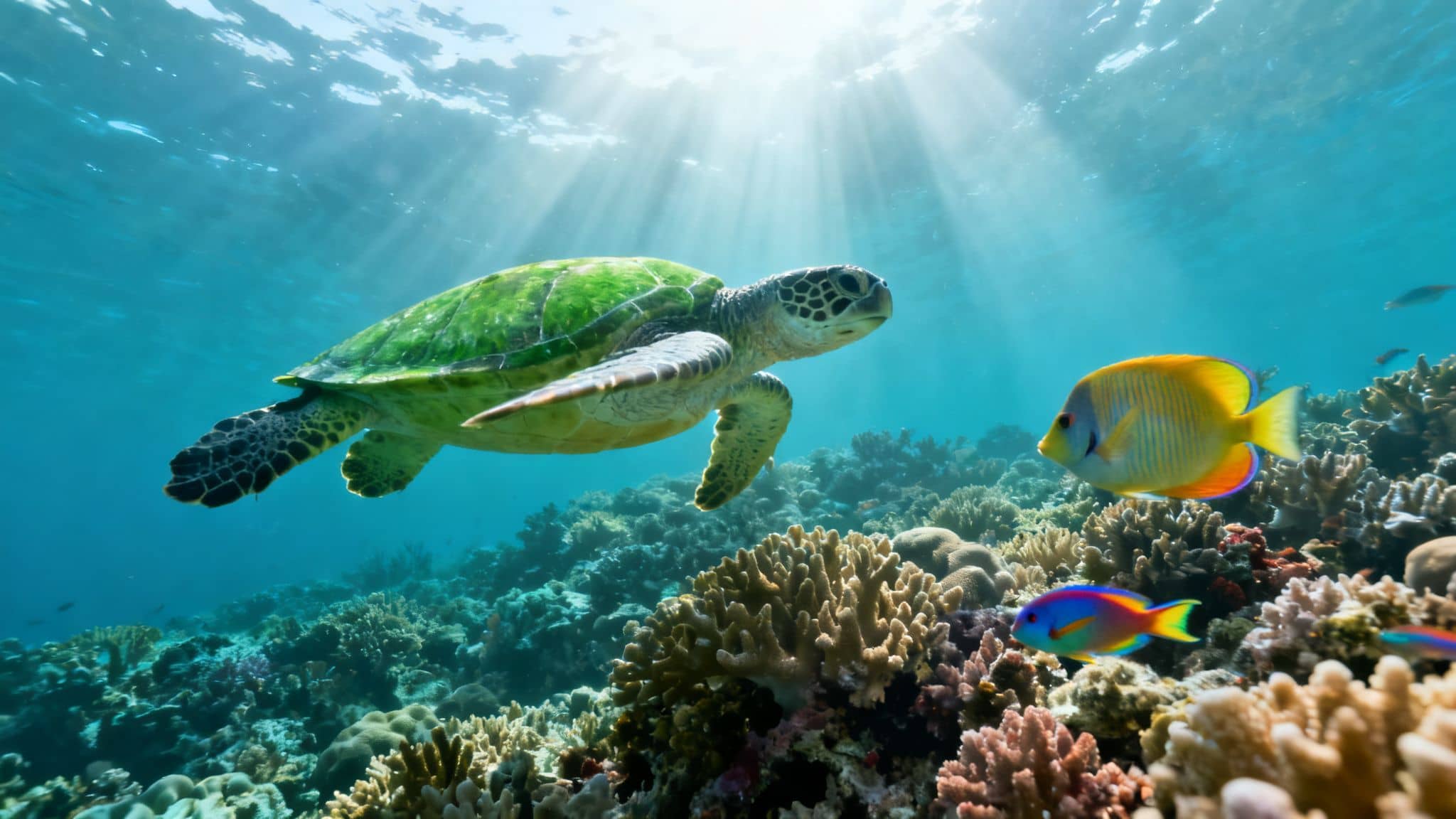 Underwater scene with a green sea turtle swimming near vibrant coral, illuminated by sun rays, alongside colorful fish.