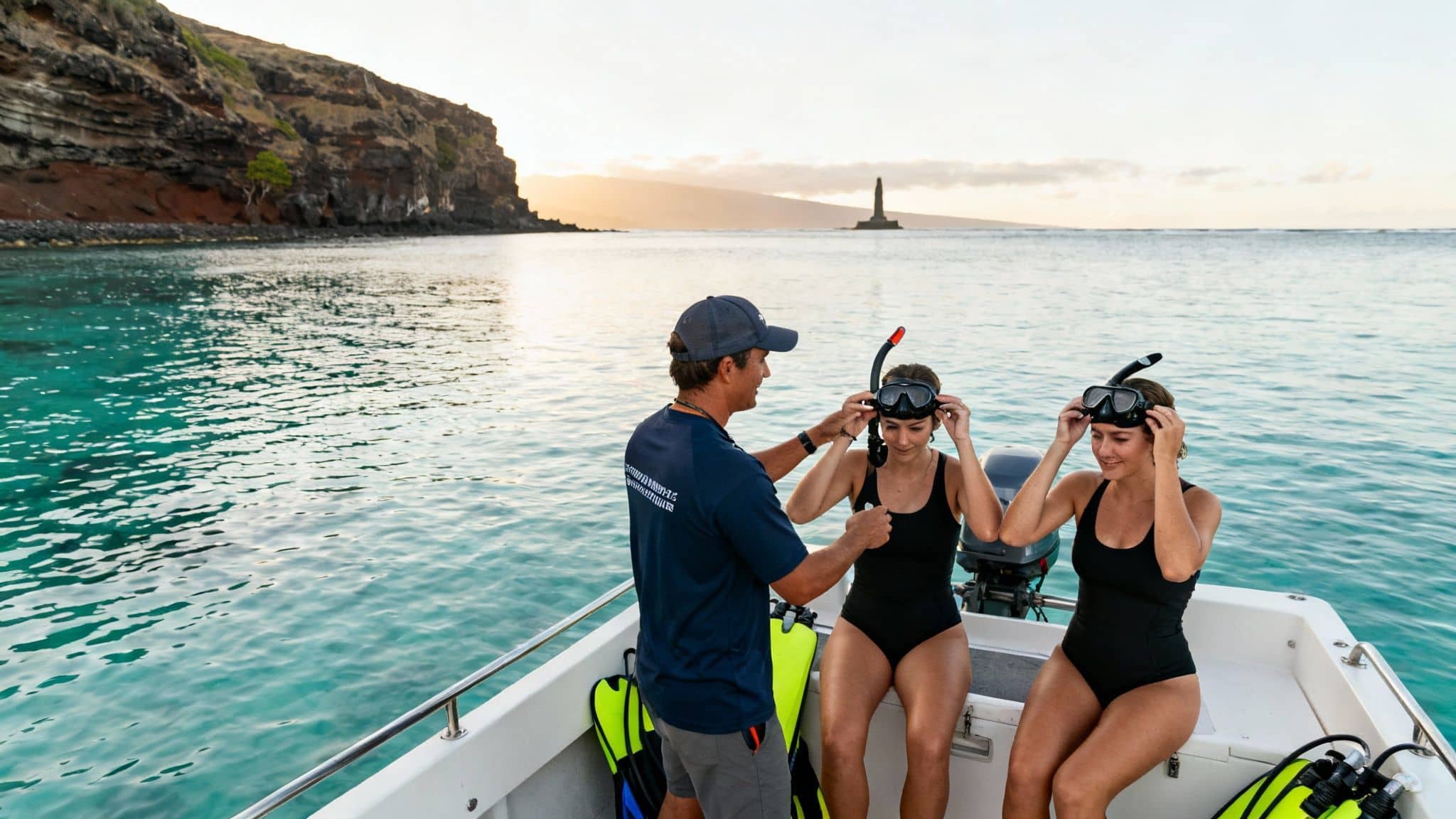 A man on a boat assists two women in adjusting their snorkeling masks, preparing for a swim.