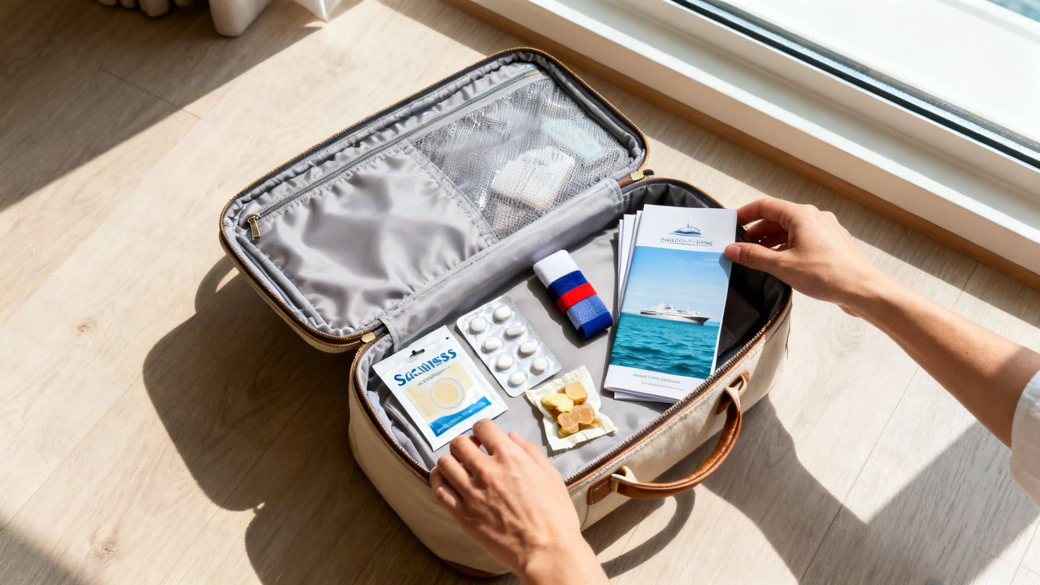 Preparing for a cruise: sea sickness patches, pills, and brochures in a travel bag.