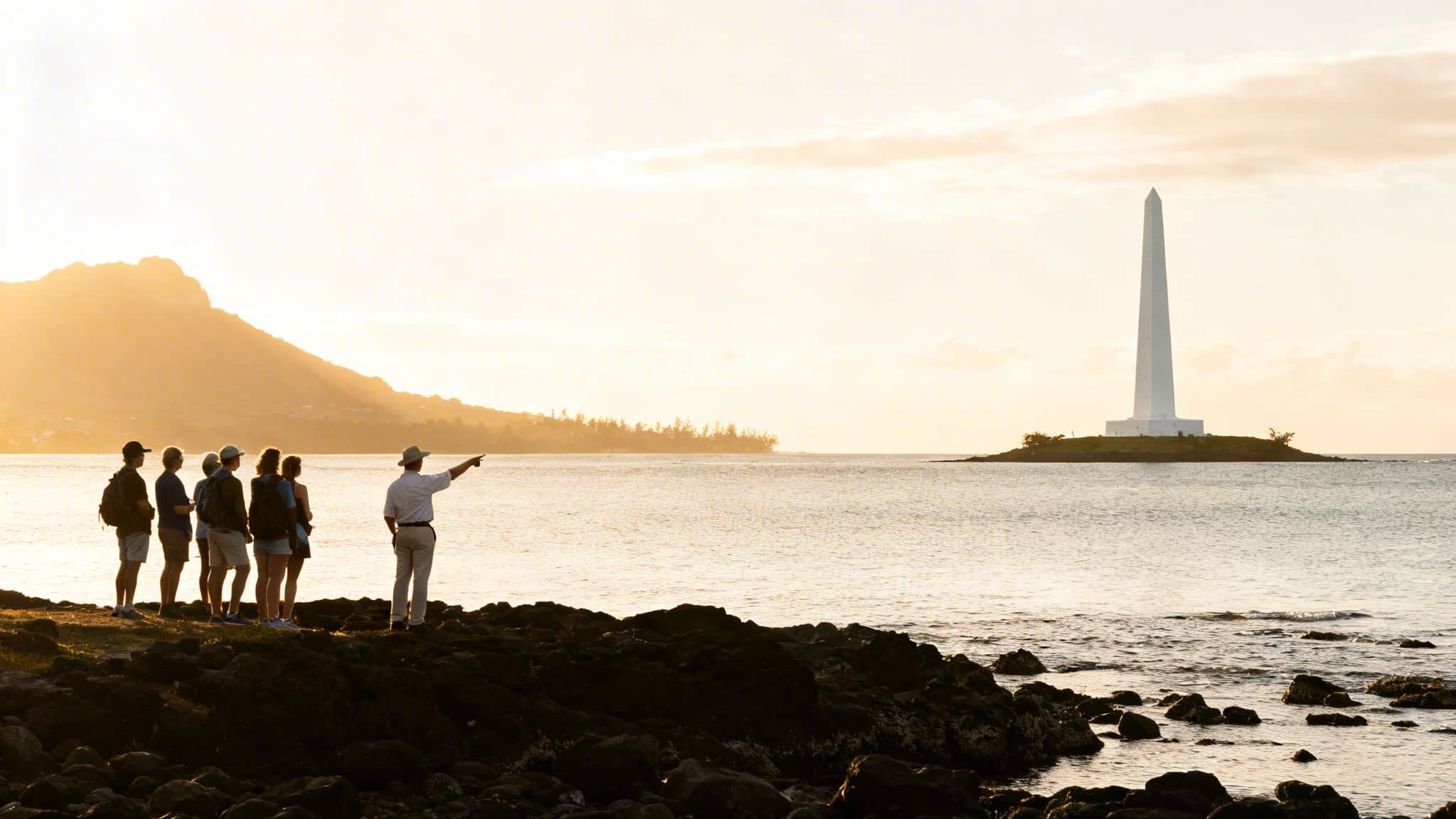 People on a rocky beach at sunrise, a guide pointing to a tall monument in the ocean.