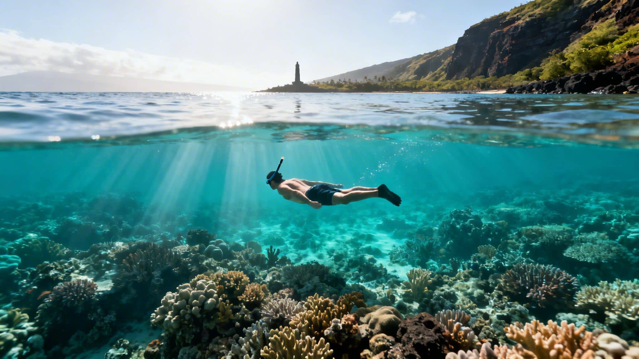 A snorkeler explores a vibrant coral reef underwater, with a coastal lighthouse and mountains above.