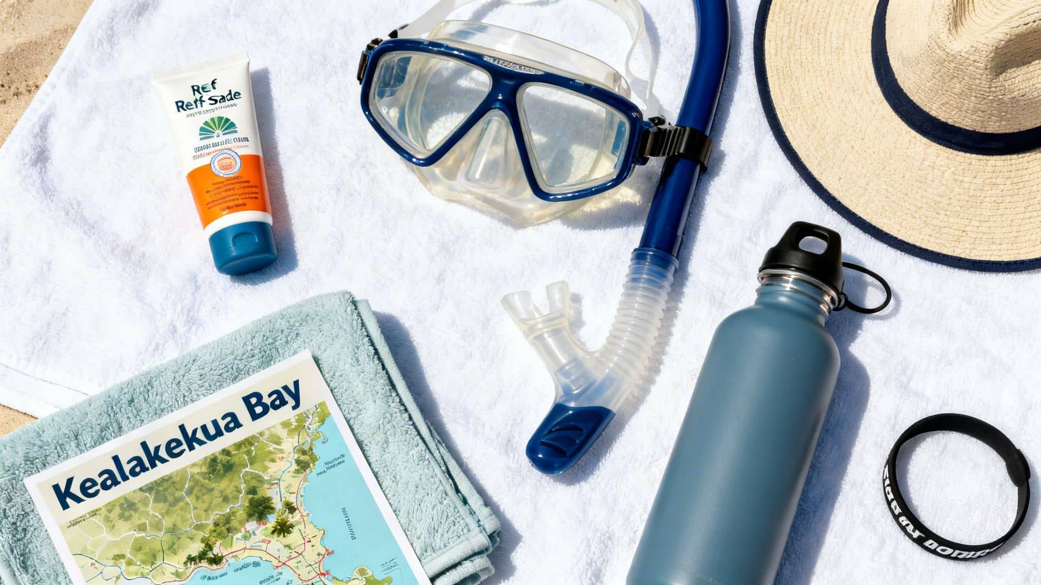 A flat lay of snorkeling gear, a map of Kealakekua Bay, sunscreen, and beach essentials.