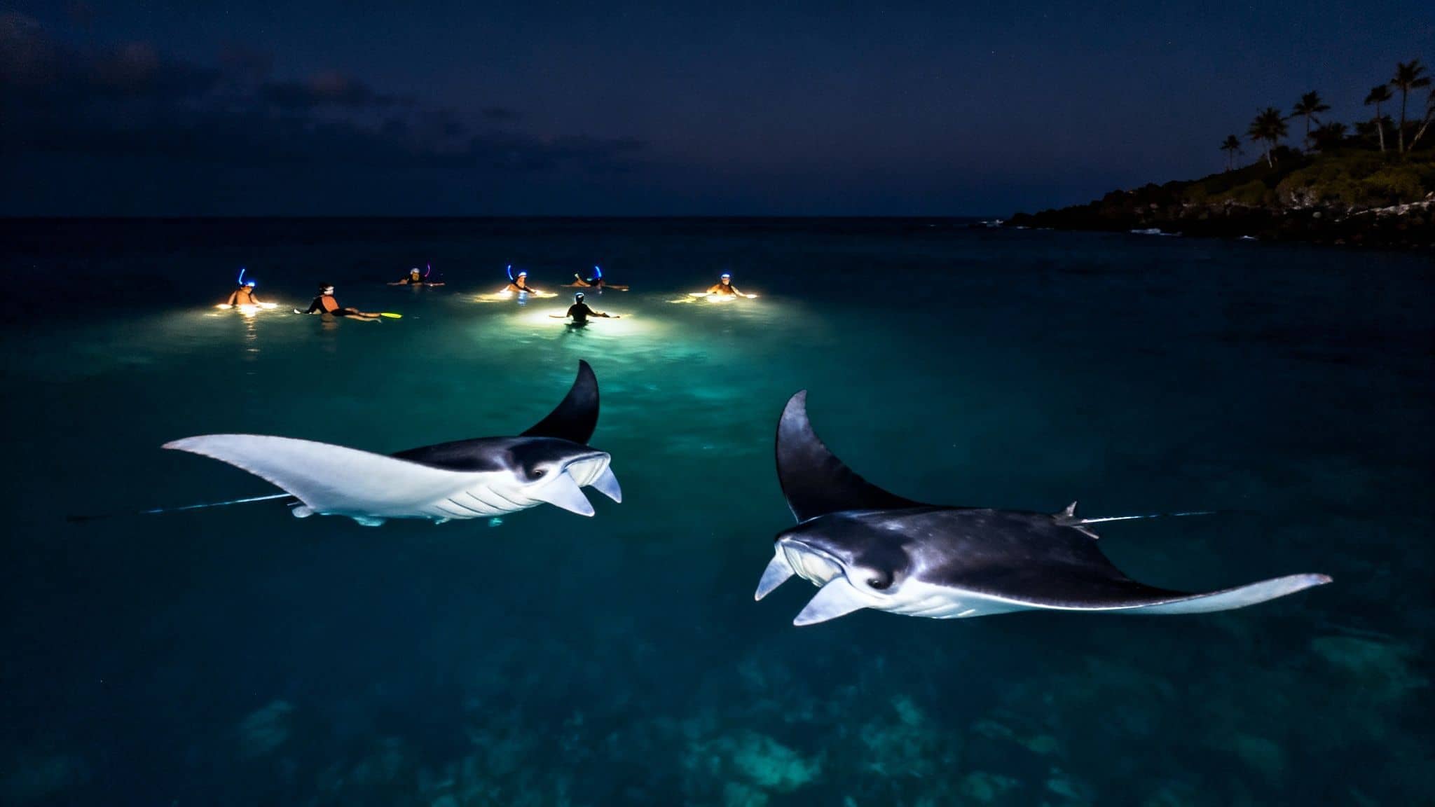 People night snorkeling with two giant manta rays illuminated by lights in the ocean.