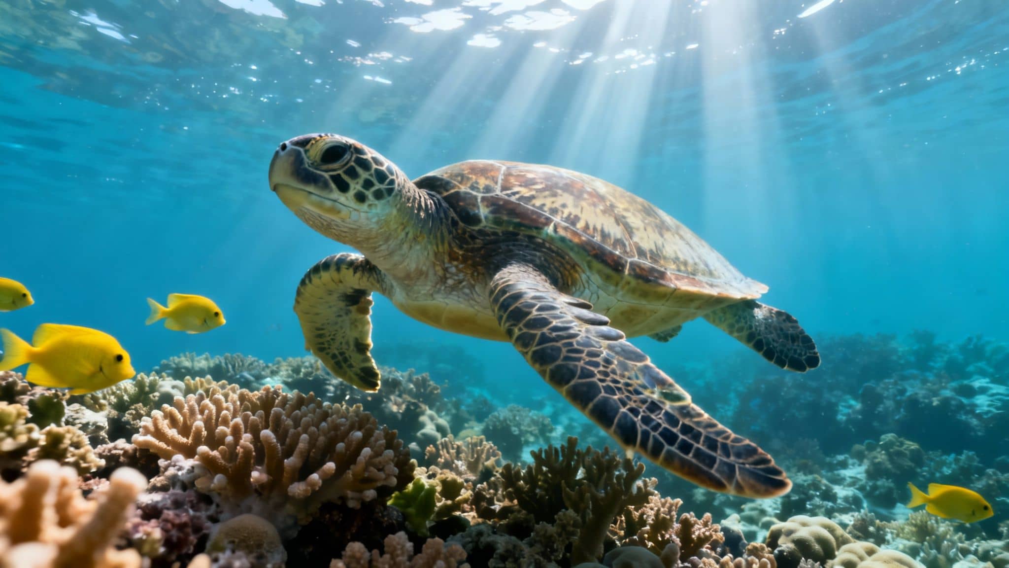 A vibrant green sea turtle swims gracefully above a colorful coral reef, surrounded by yellow fish and sun rays.