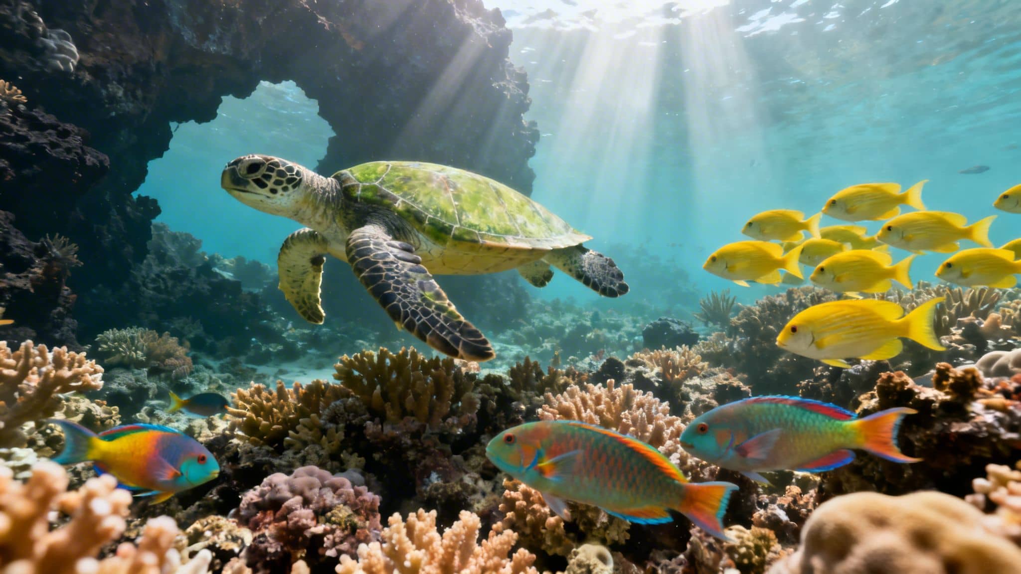 A green sea turtle swims gracefully over a vibrant coral reef, surrounded by colorful fish and sun rays.