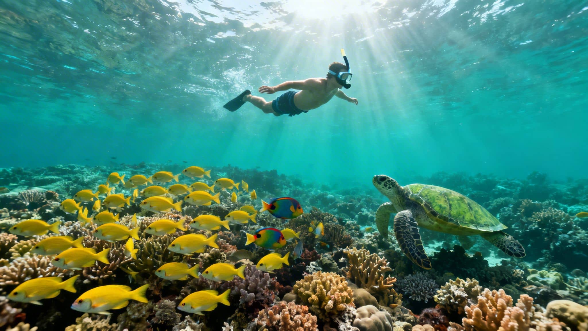 A person snorkeling above a vibrant coral reef, with a sea turtle and a school of yellow fish.