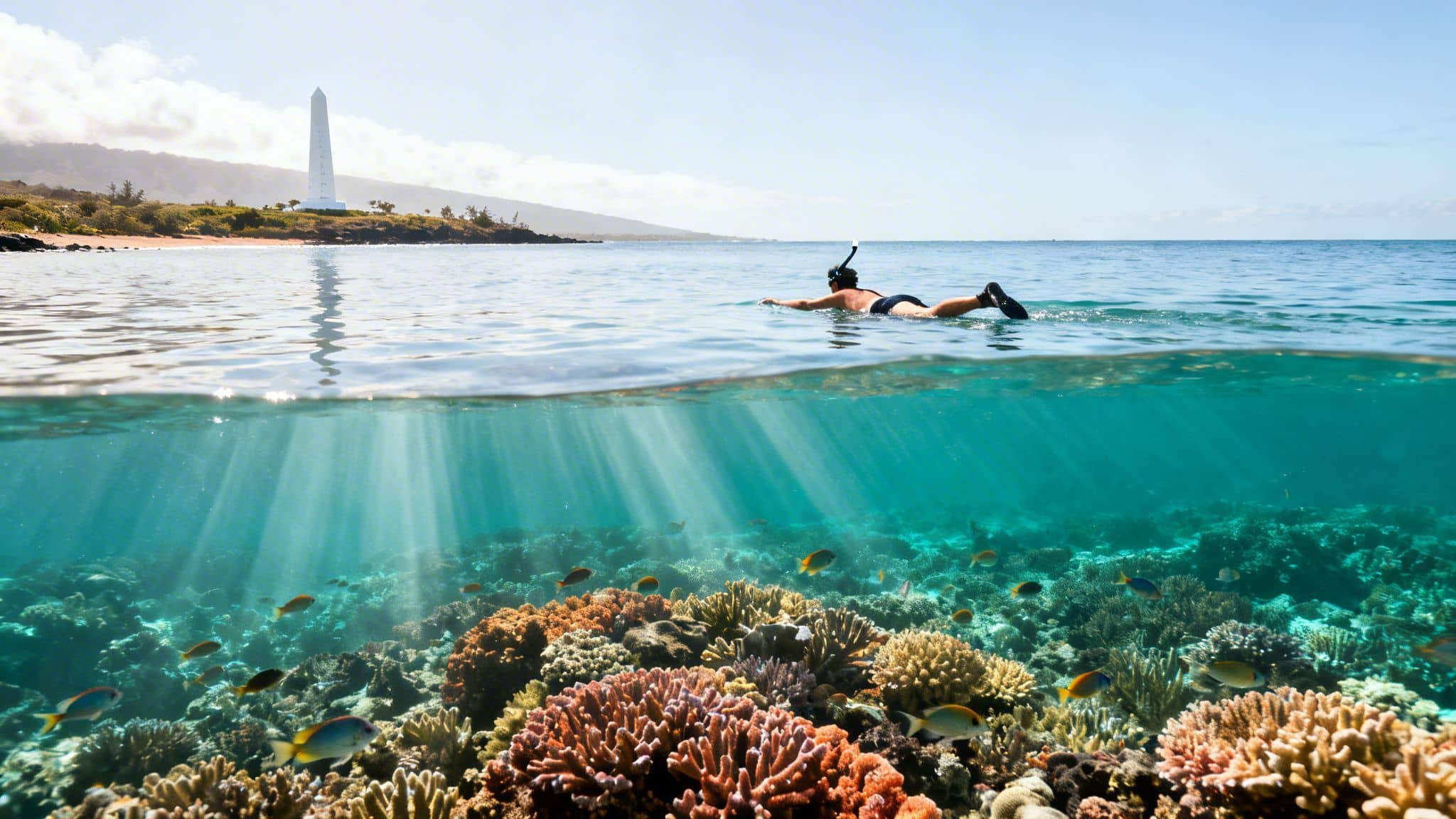 Over-underwater view: snorkeler and Captain Cook Monument above, vibrant coral reef with fish below.