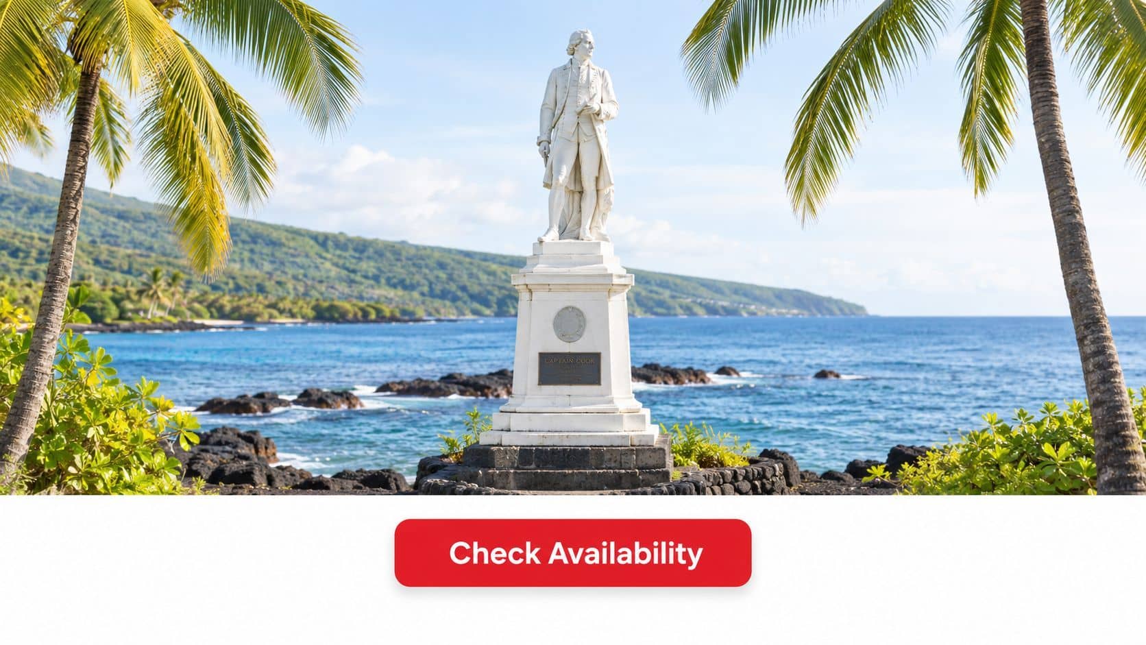 A white statue of Captain Cook stands on a pedestal overlooking the scenic coastline in Hawaii.