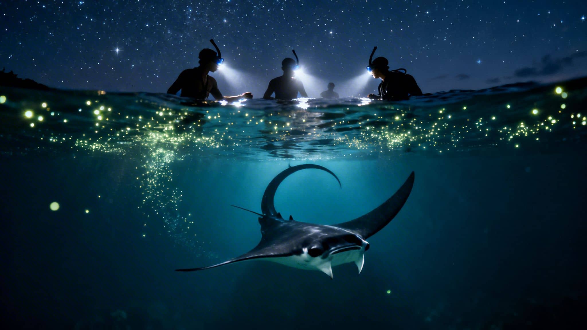 Snorkelers at night with headlamps illuminating bioluminescent plankton and a swimming manta ray under a starry sky.