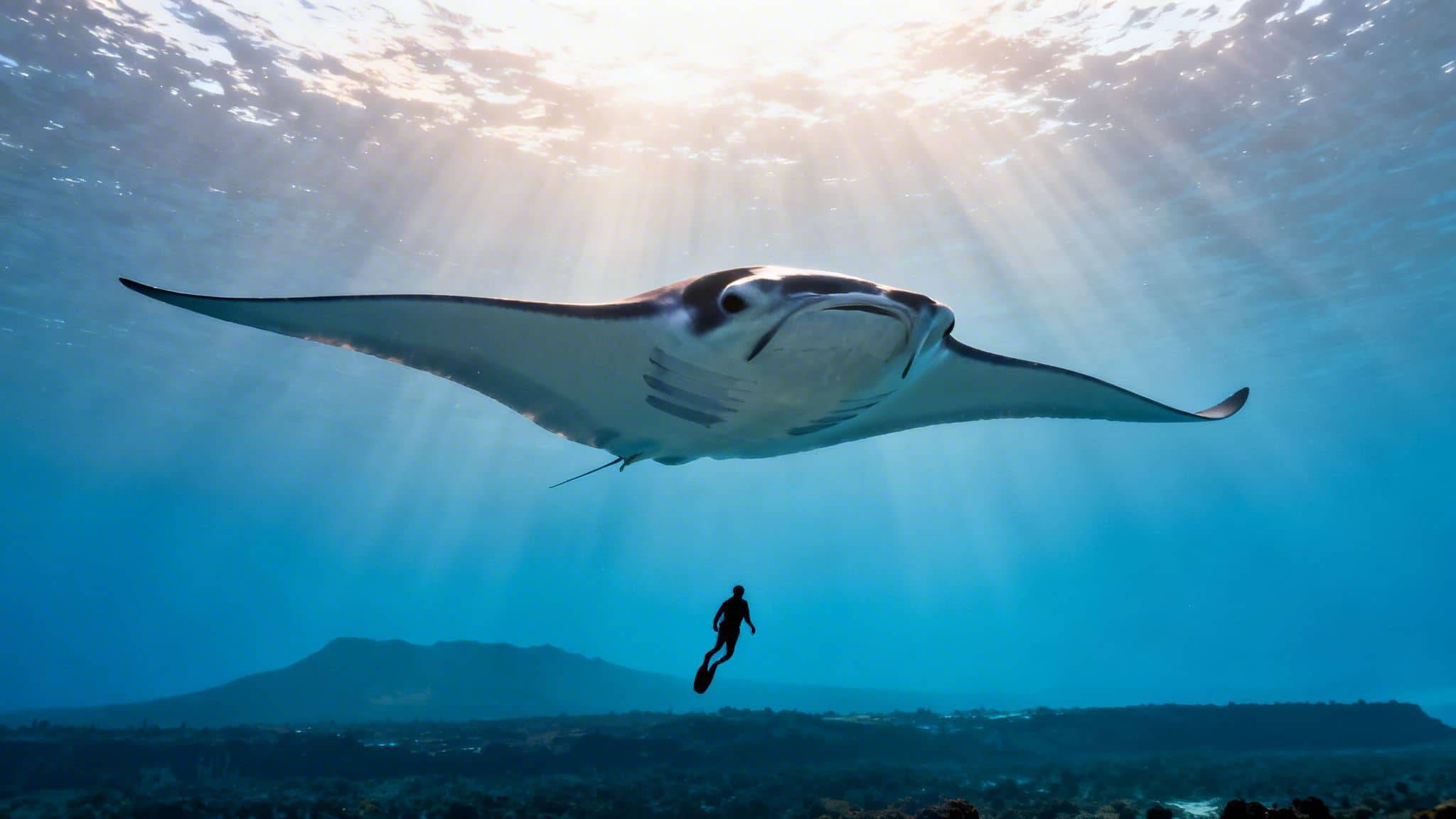 A majestic manta ray swims gracefully above a diver in sunlit blue ocean water, with mountains in the background.