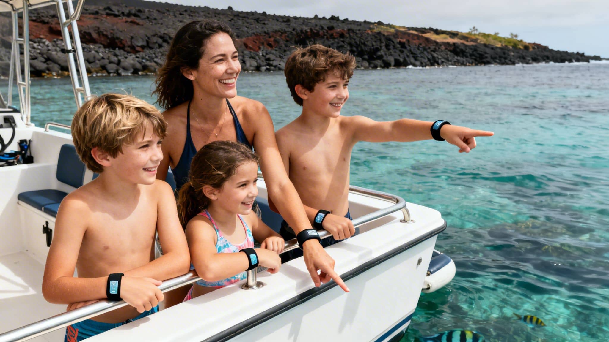 Smiling mother and three children on a boat trip, wearing sea sickness acupressure bands, pointing at fish in clear water.