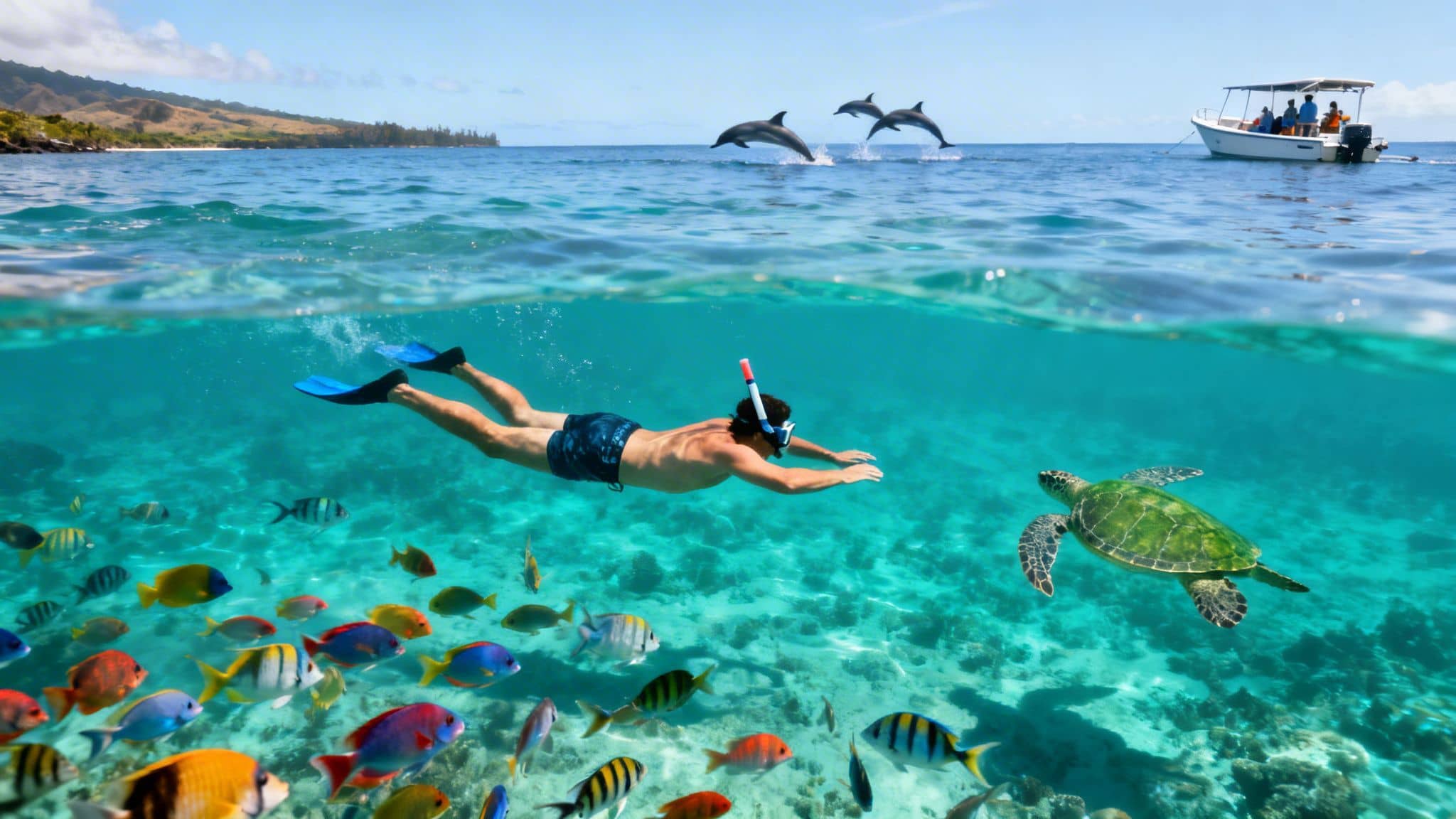 A man snorkeling underwater with a sea turtle and tropical fish, while dolphins jump and a boat floats above.