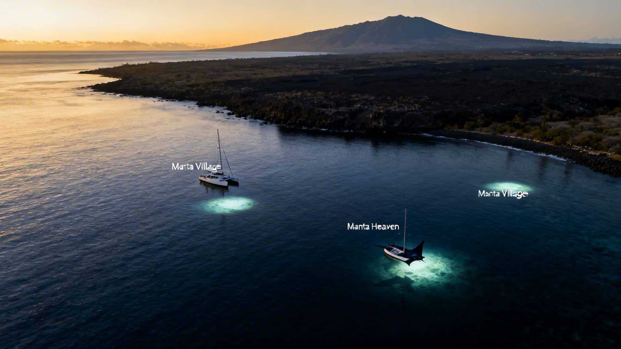 Aerial view of two boats with underwater lights for manta ray night dives at sunset in Hawaii.