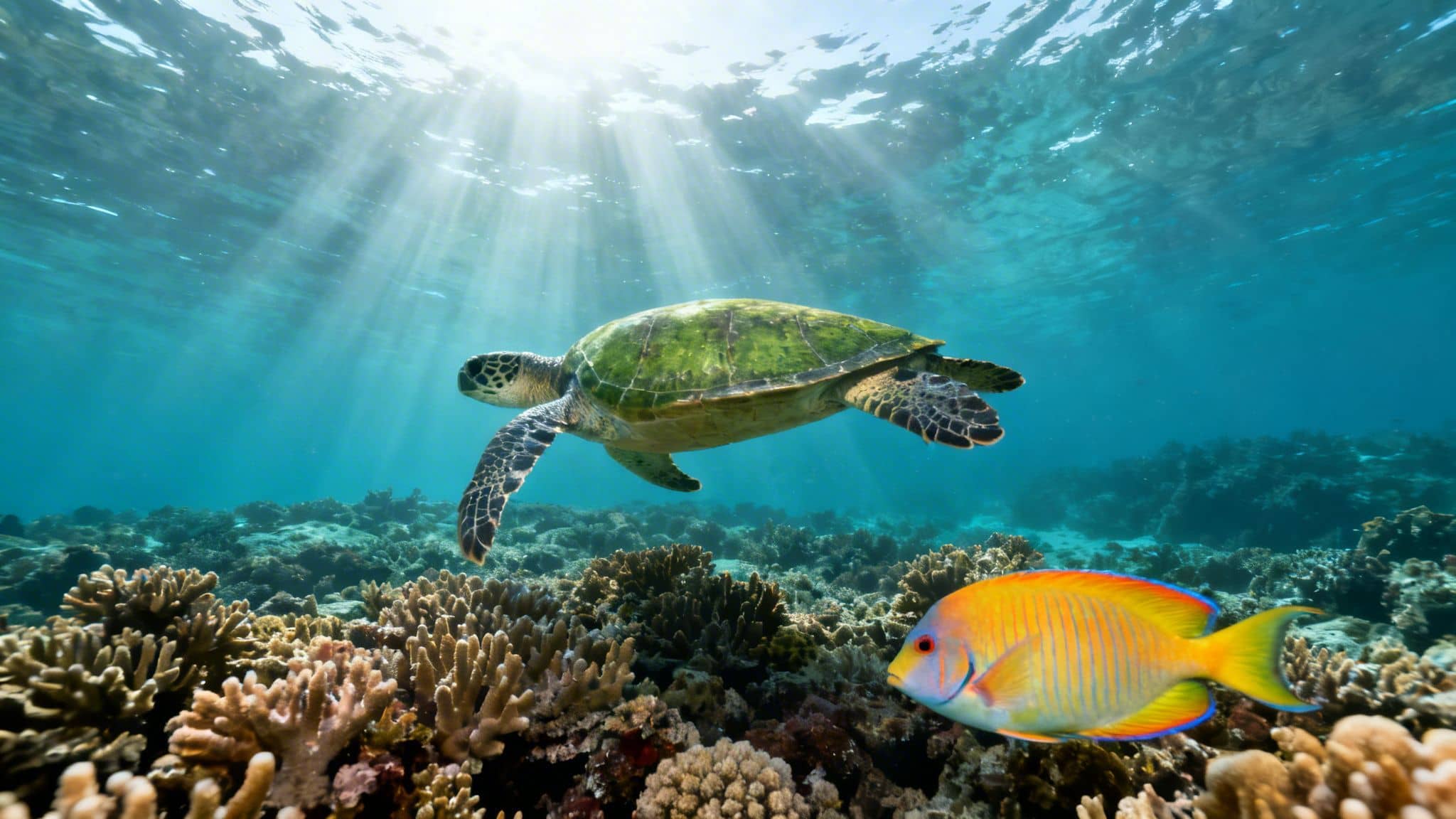 A green sea turtle gracefully swims over a vibrant coral reef with sunlight and a colorful fish.