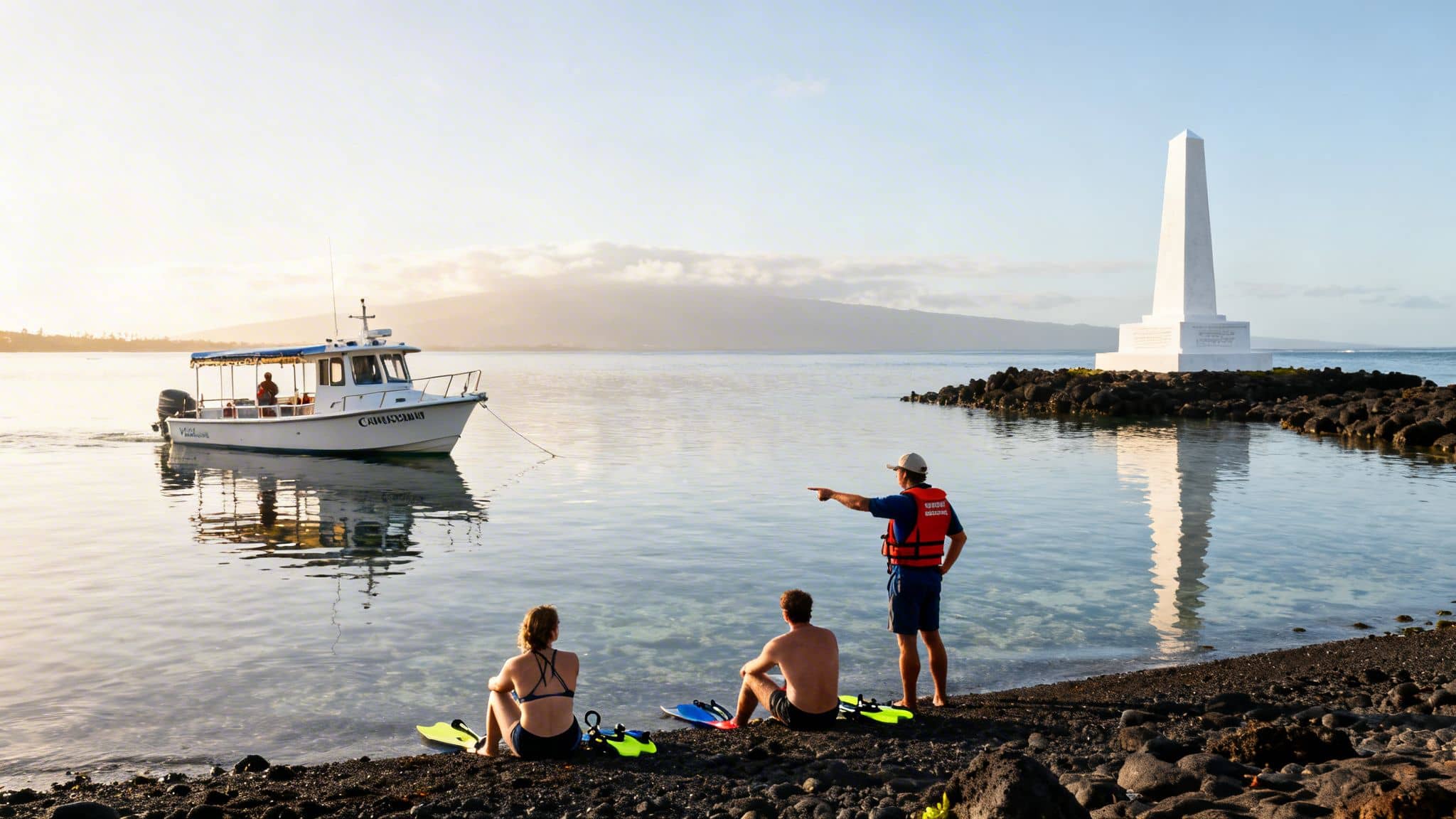 Tourists prepare to snorkel at Kealakekua Bay, with a boat and Captain Cook monument.