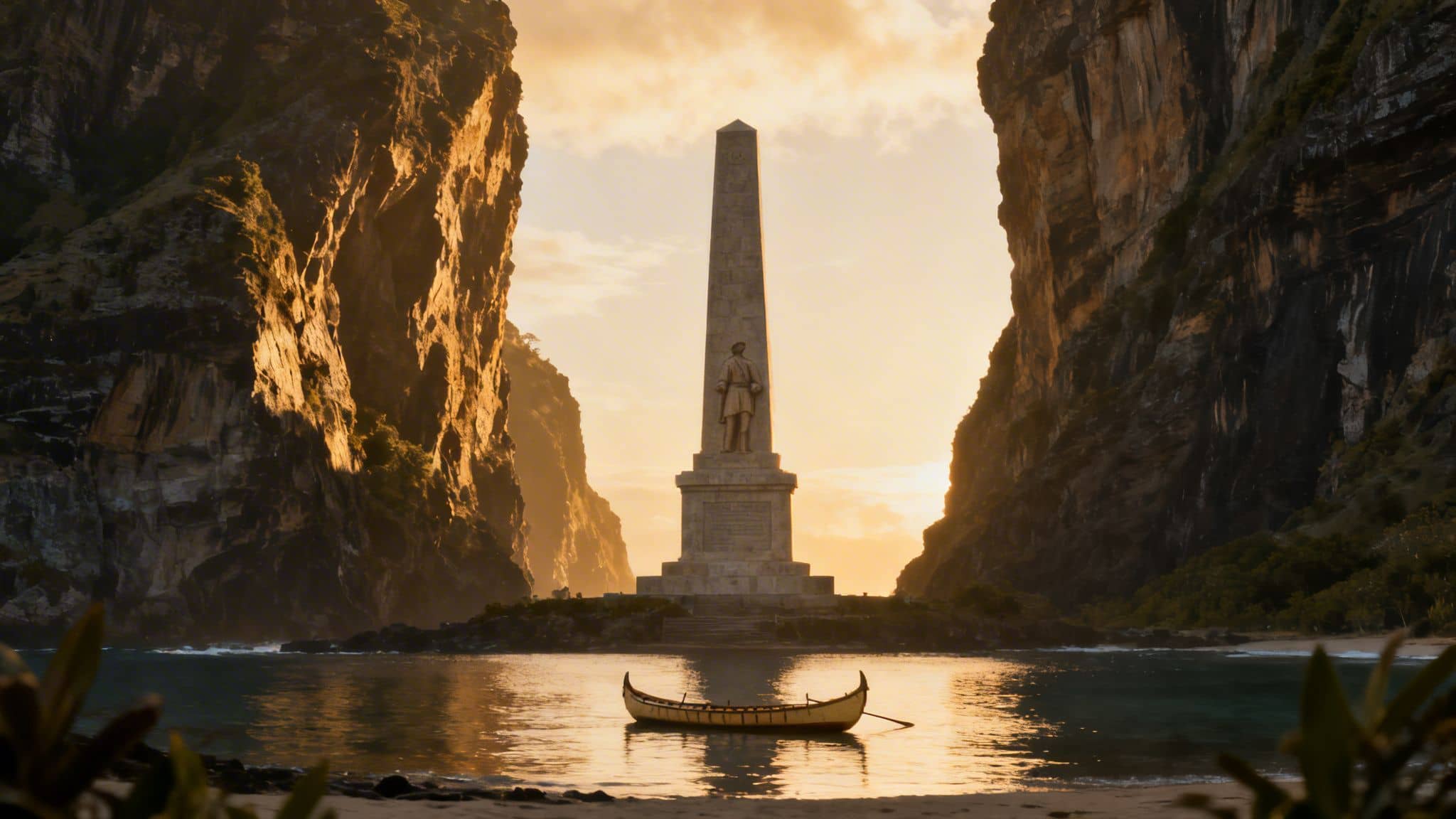 A lone monument with a statue stands between towering cliffs in a calm bay at sunset, with a small boat in the water.