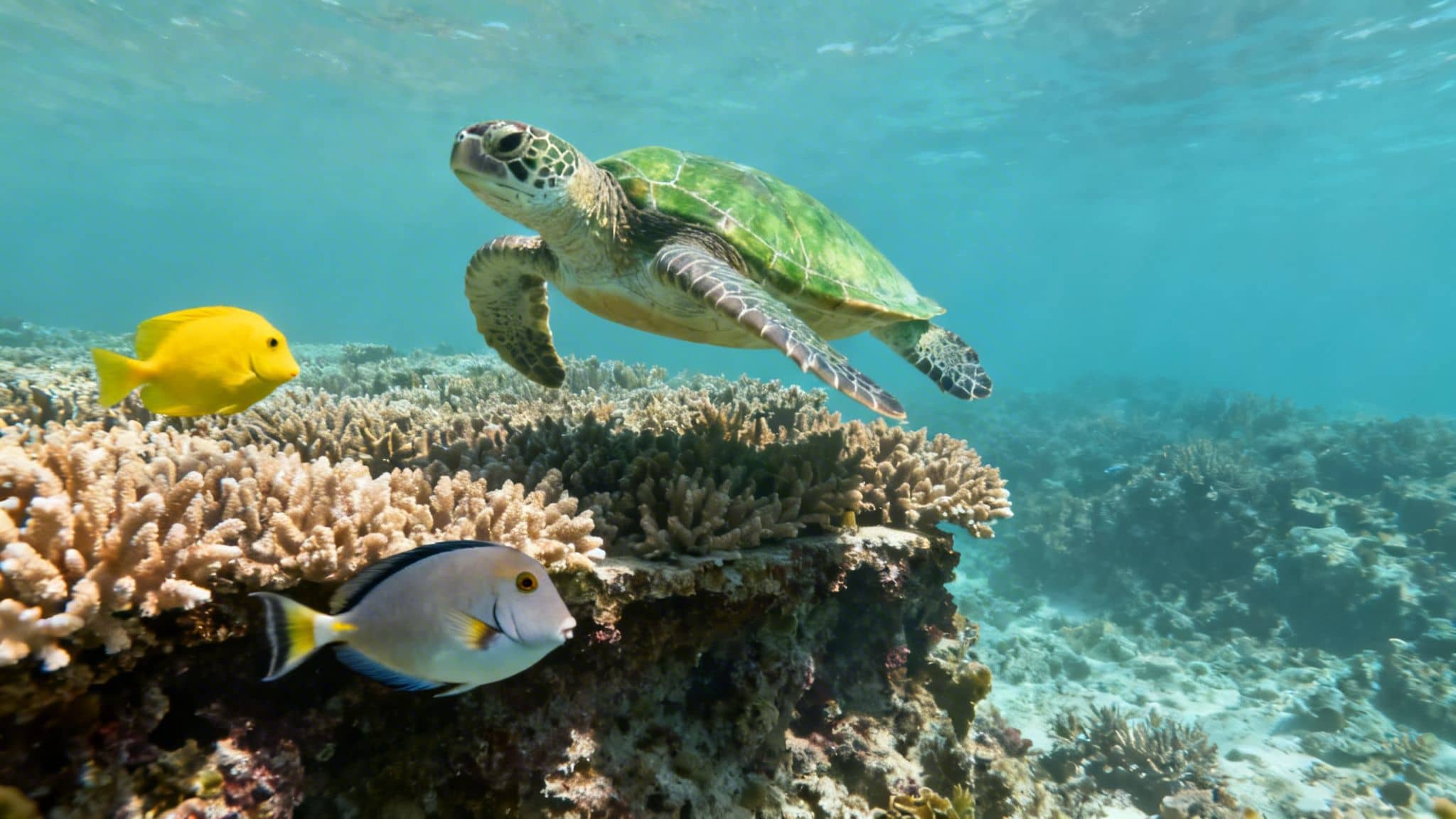 Green sea turtle swimming near a colorful coral reef with two tropical fish.