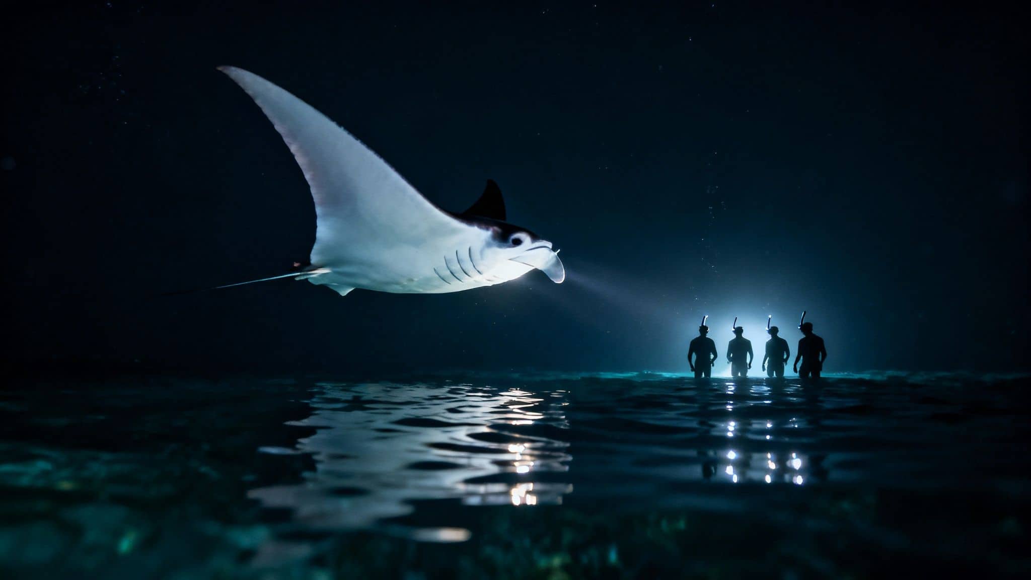 Giant manta ray swimming towards four snorkelers at night, illuminated by their lights.