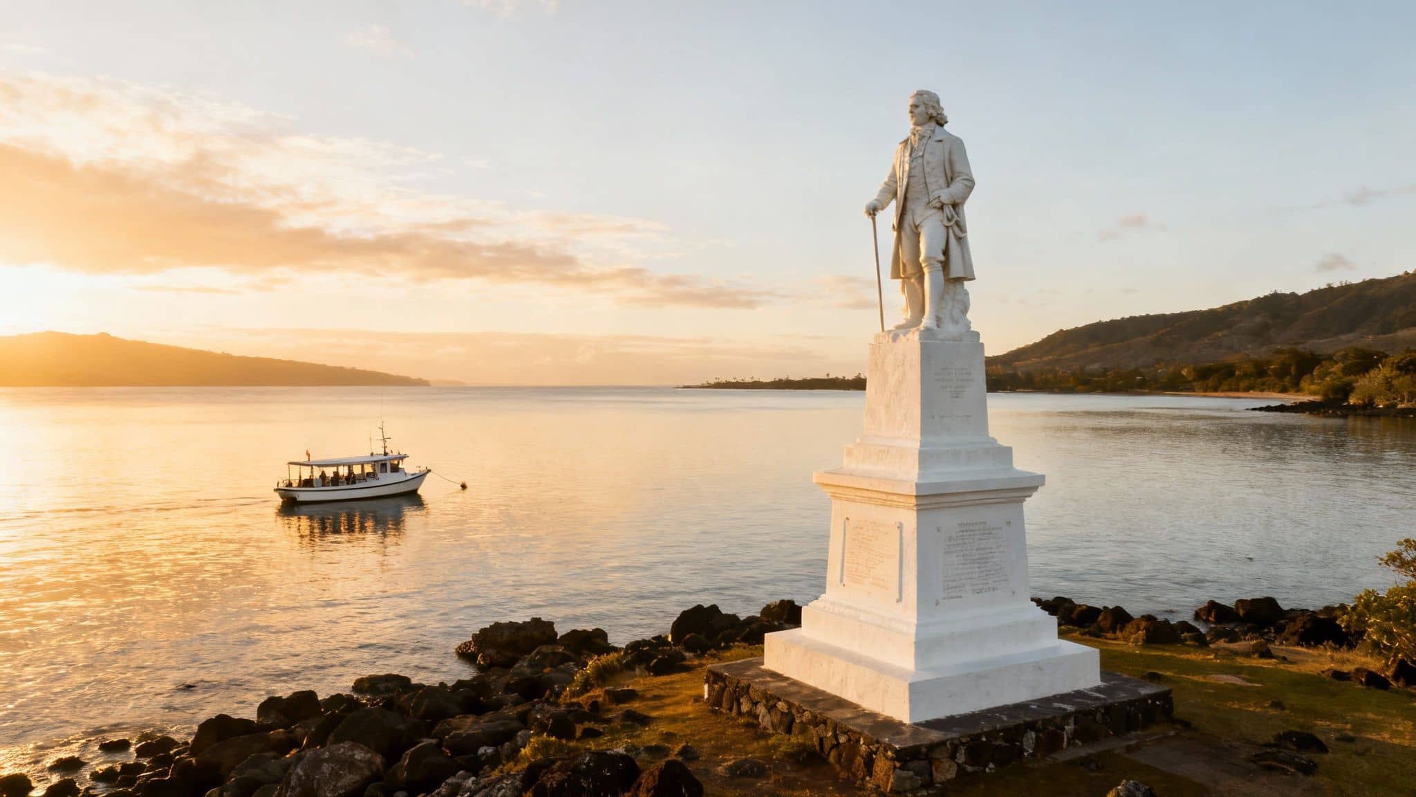 White statue of Captain Cook overlooking a calm bay with a boat at sunset, with golden light.