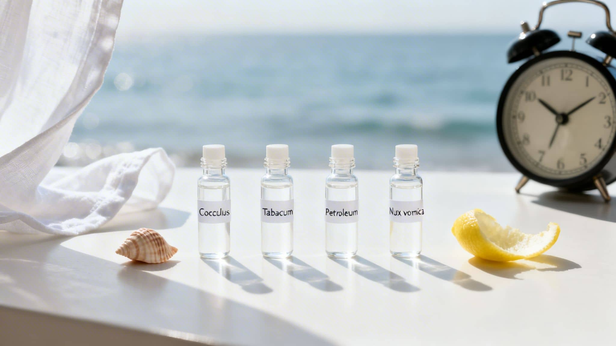 Four homeopathic remedy bottles, seashell, lemon peel, and alarm clock on table with ocean view.