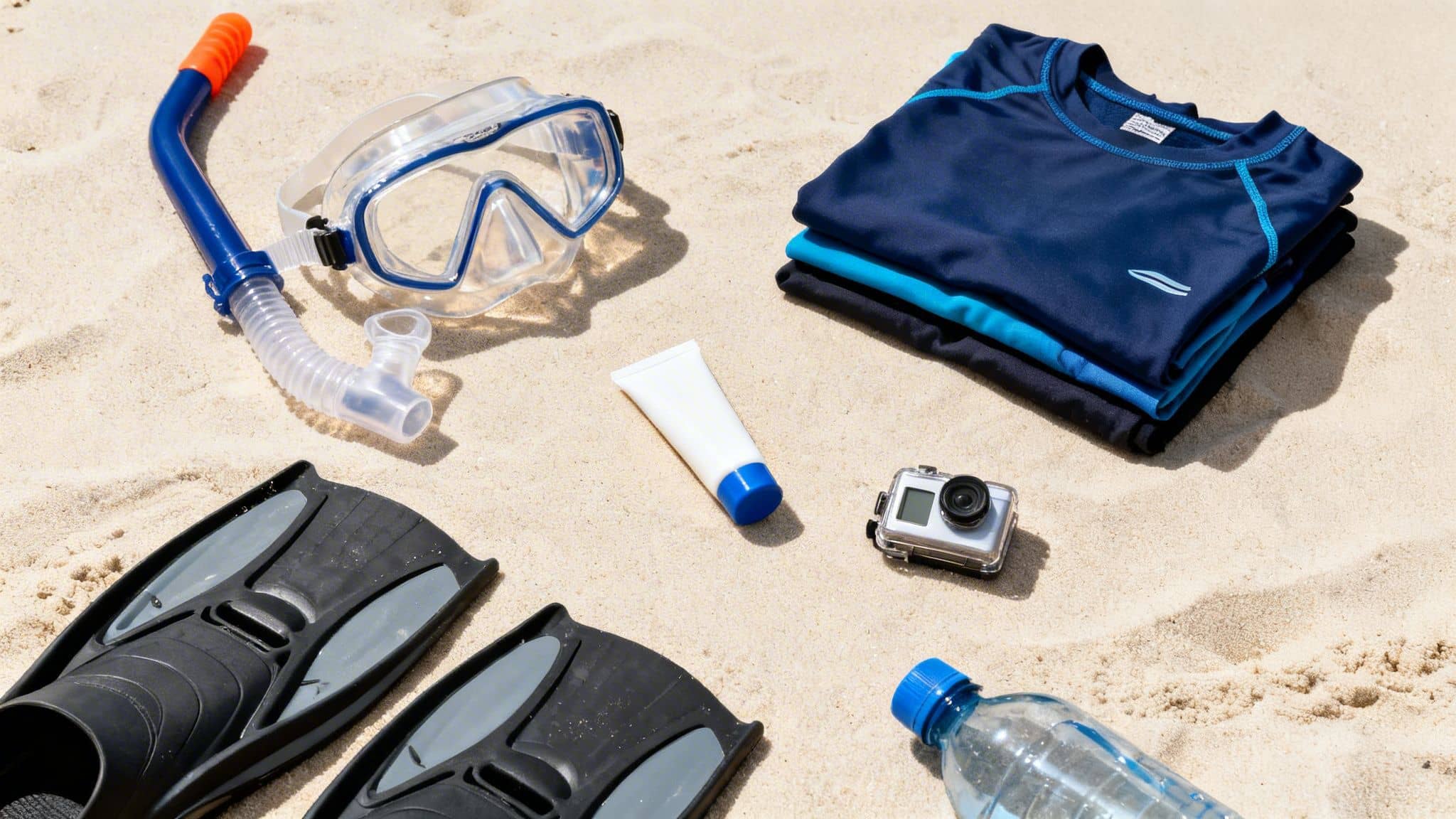 Snorkeling gear, rash guards, sunscreen, action camera, and water bottle laid out on a sandy beach.