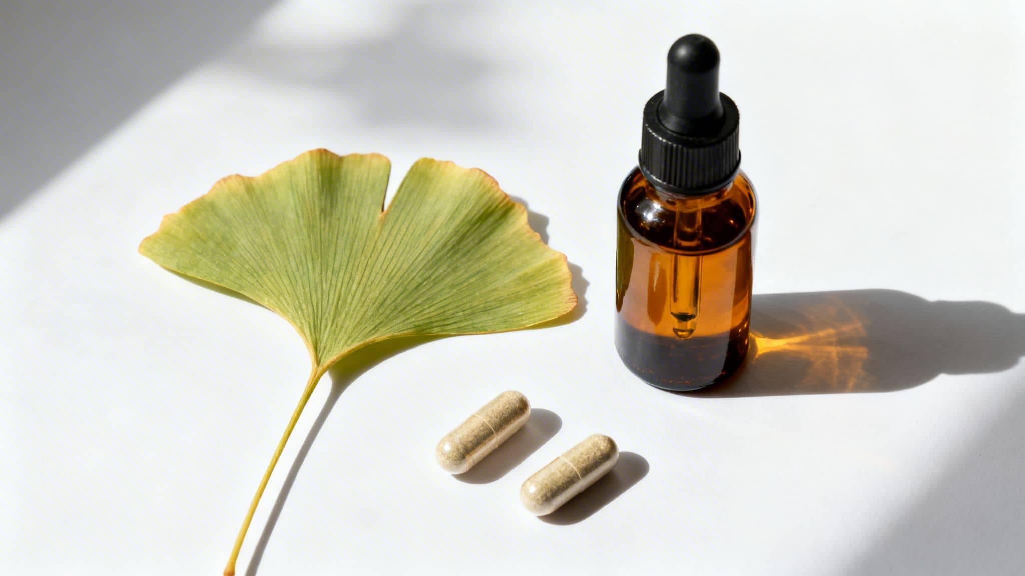 A ginkgo biloba leaf next to an amber dropper bottle and two herbal capsules.