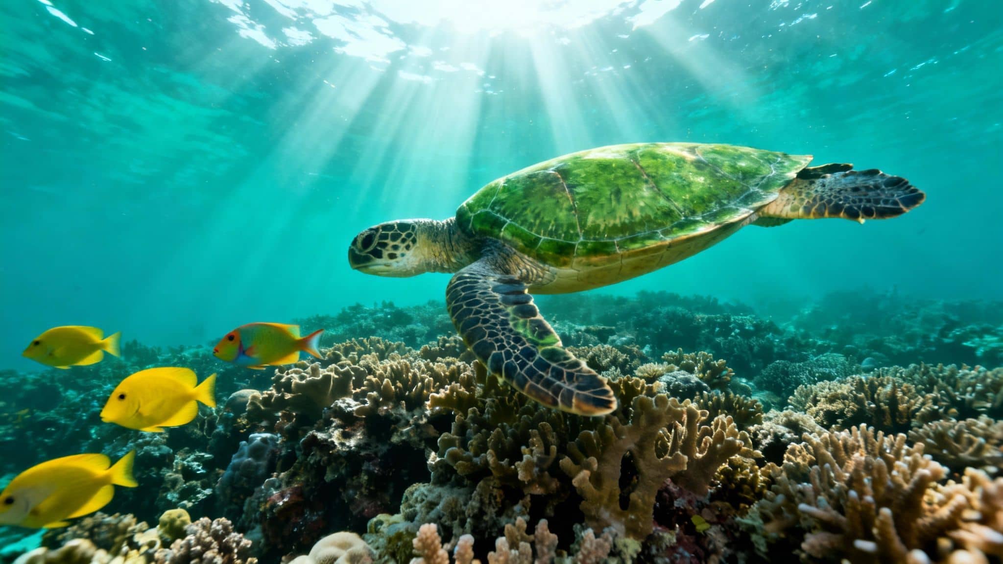 A majestic green sea turtle swims gracefully over a vibrant coral reef, with schools of fish and sunrays.
