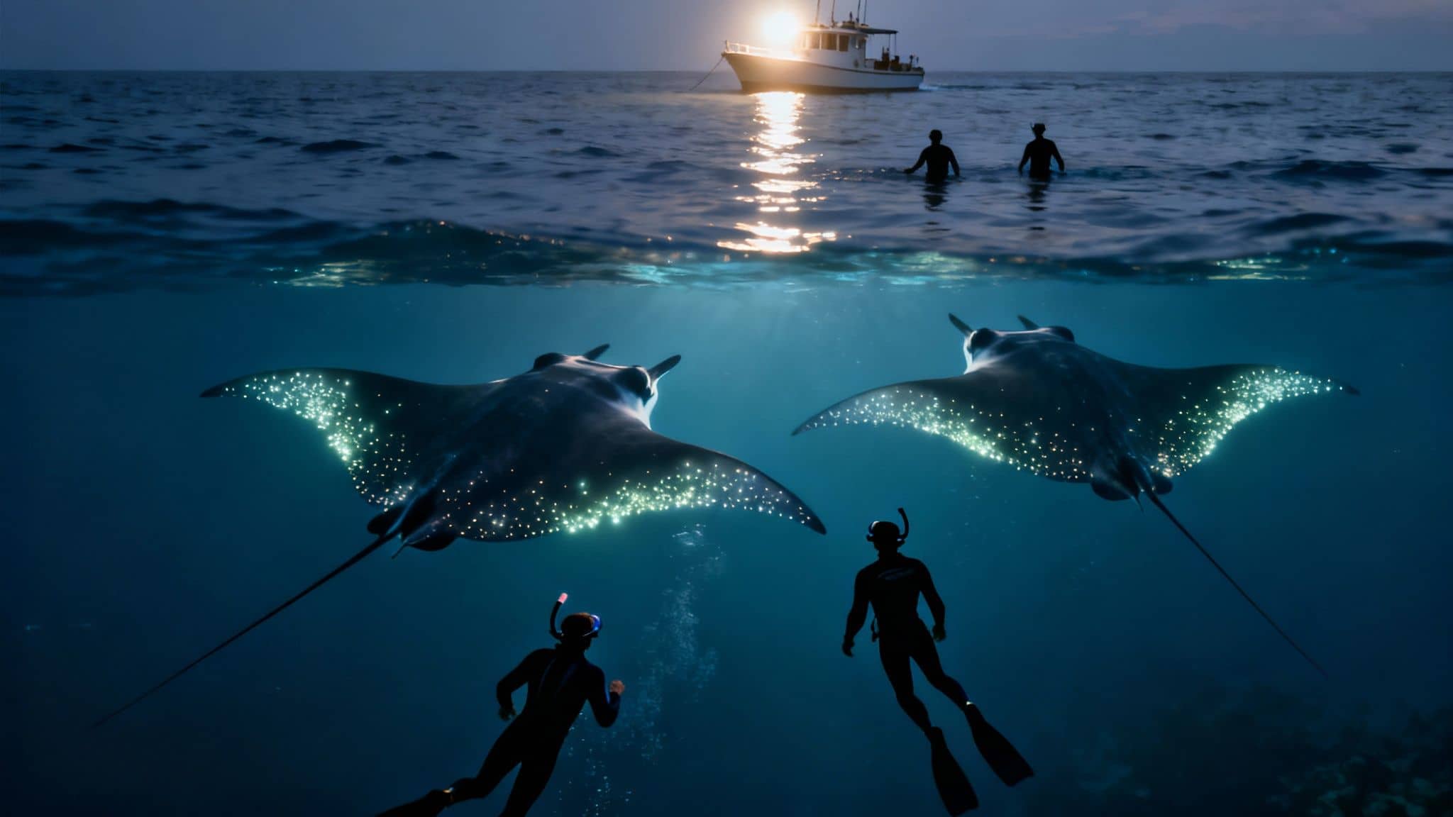 Nighttime over/under view of snorkelers swimming with glowing manta rays and a brightly lit boat.
