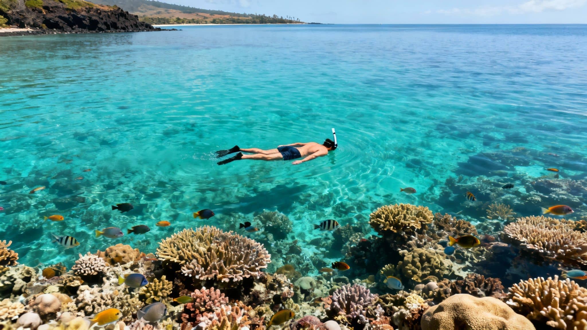 A man snorkeling above a beautiful coral reef with colorful fish in clear blue tropical water.