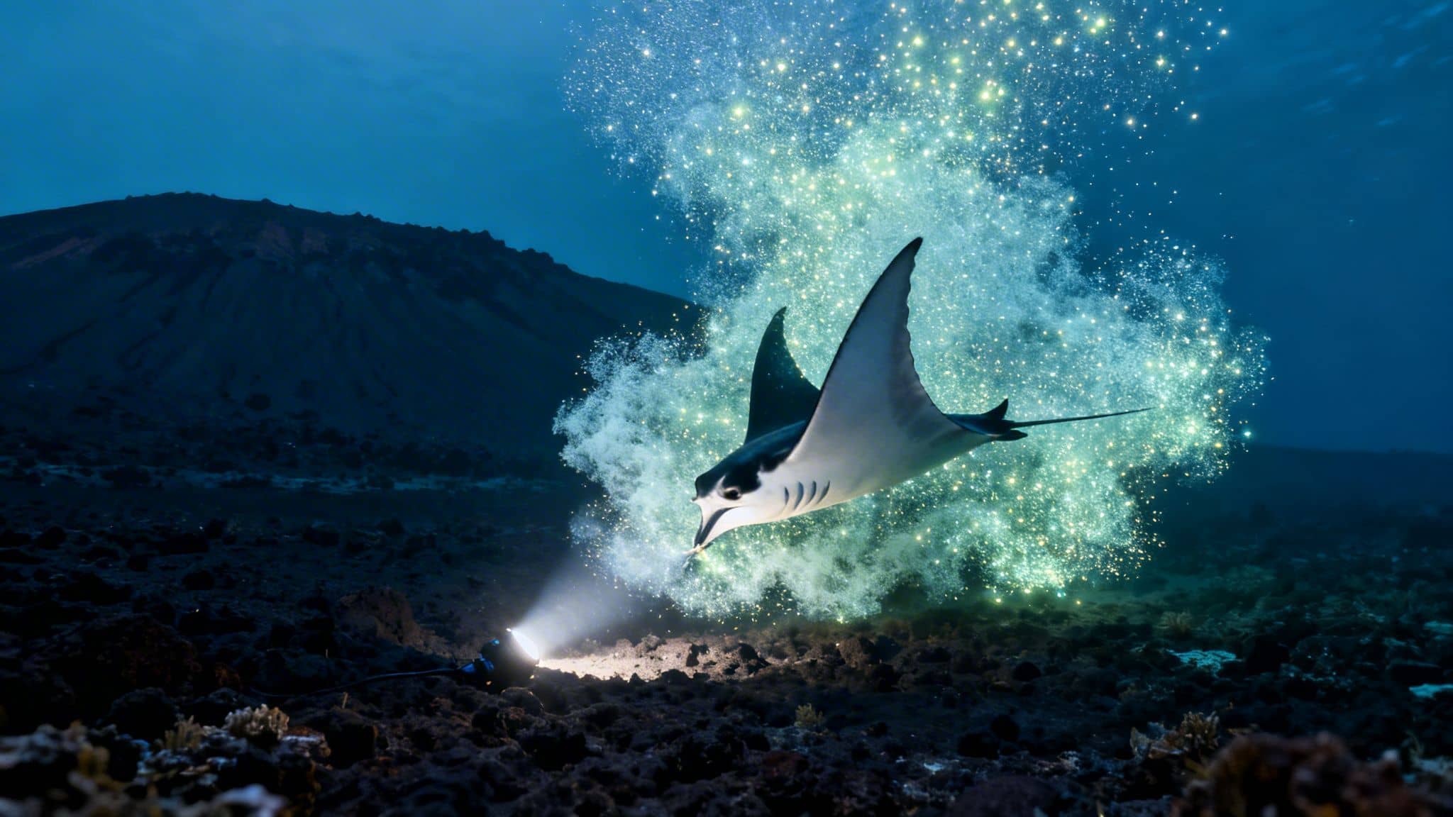 A majestic manta ray swims through a cloud of glowing plankton, illuminated by a diver's light.