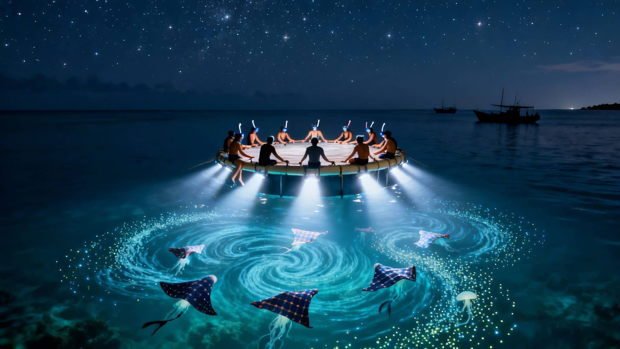 A group on a glowing circular platform observes illuminated manta rays and glowing sea life at night.