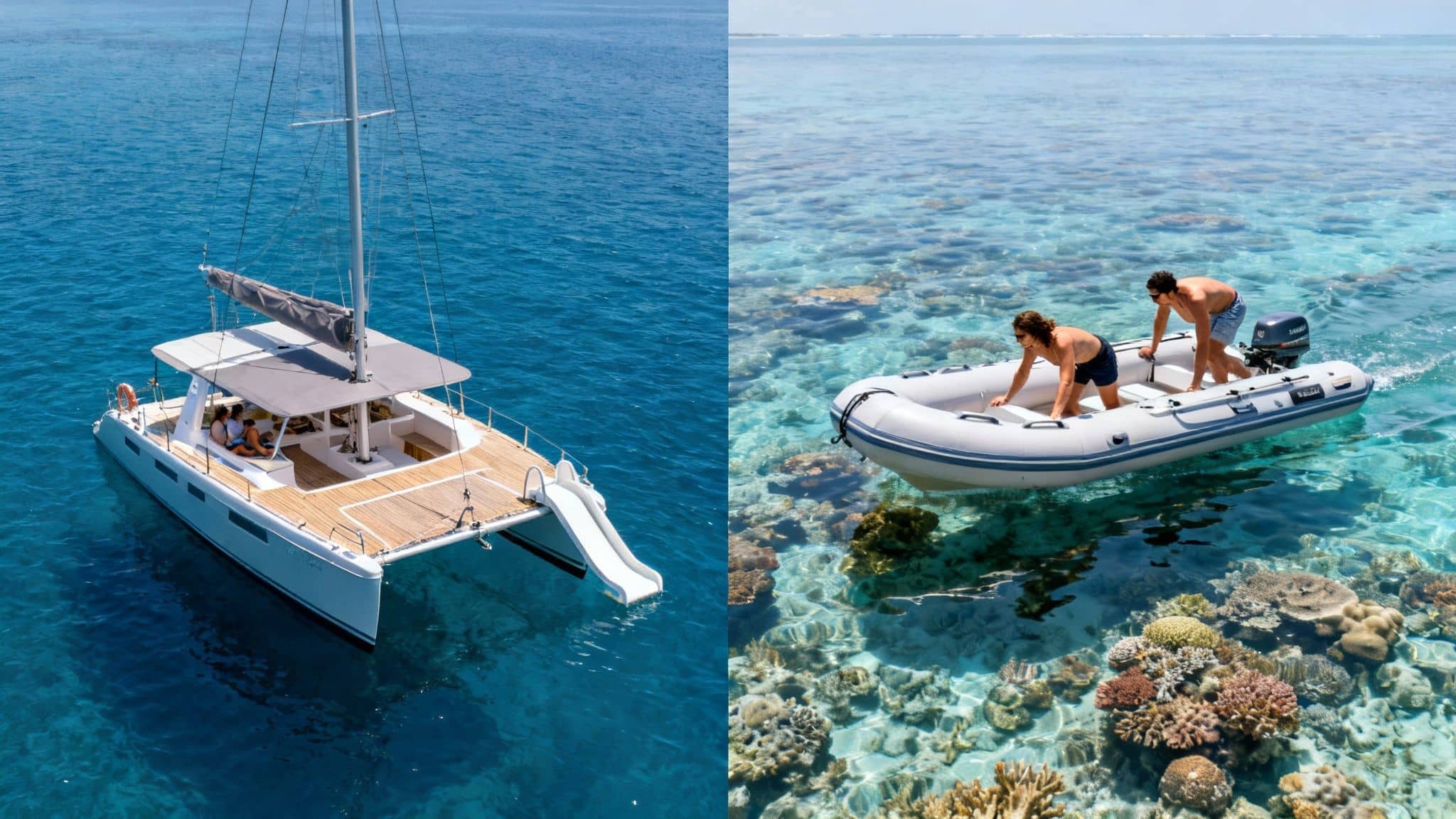 A catamaran and a dinghy in clear blue tropical waters, with people enjoying the reef.