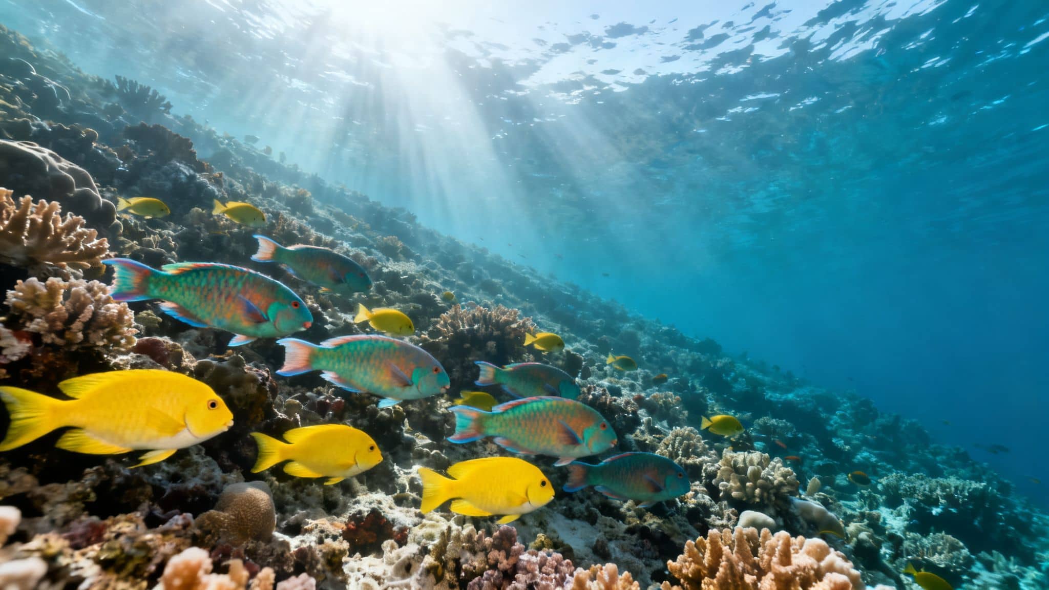 Vibrant underwater coral reef teeming with colorful fish, illuminated by bright sun rays from above.